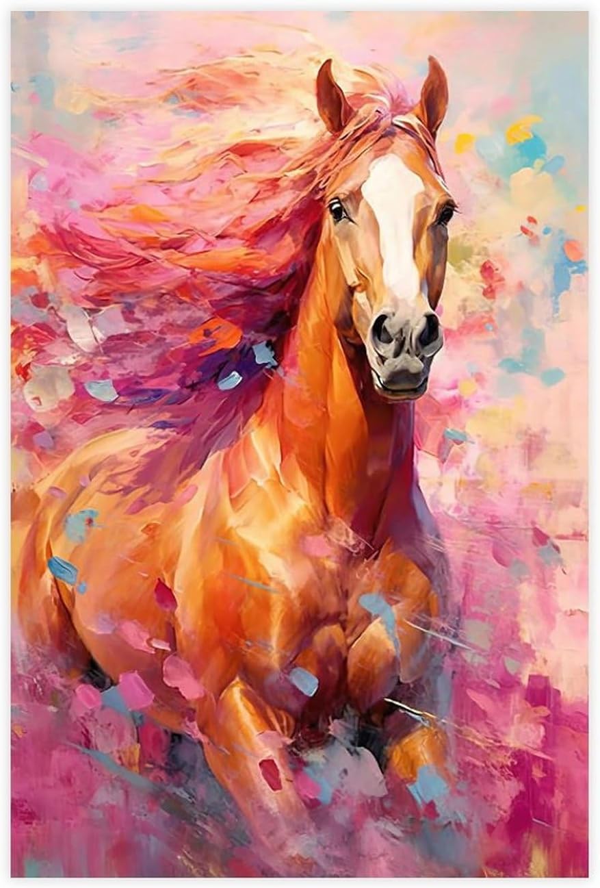 Fyzuf Arte de pared de caballo pintura al óleo sobre lienzo, póster de caballo cubismo colorido de caballos lindos caballos estéticos, póster de