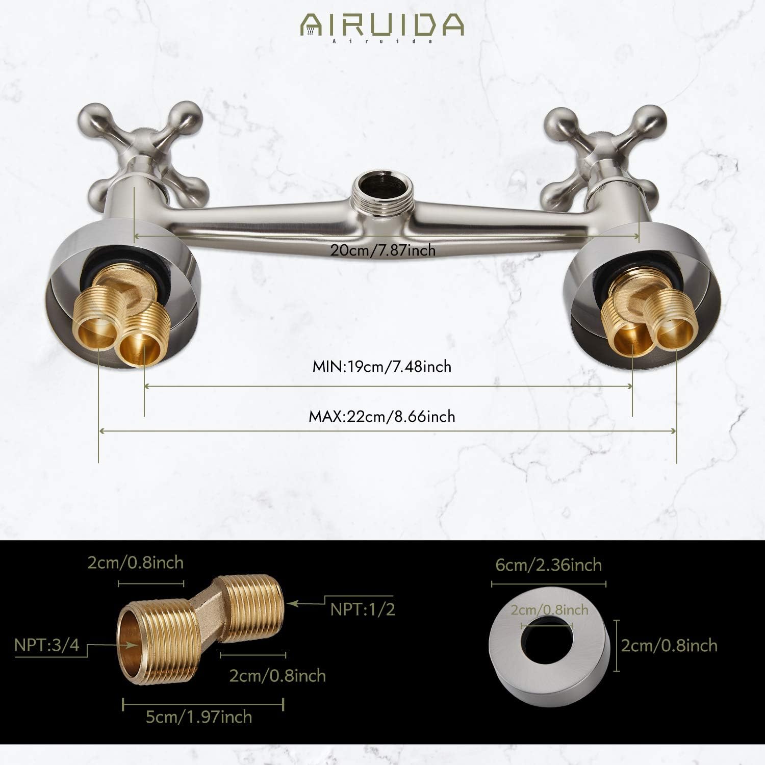 Airuida Grifo de fregadero de cocina de montaje en pared para pico de 6 pulgadas (5.9 in), centro ajustable, centro ajustable, asas cruzadas, agua