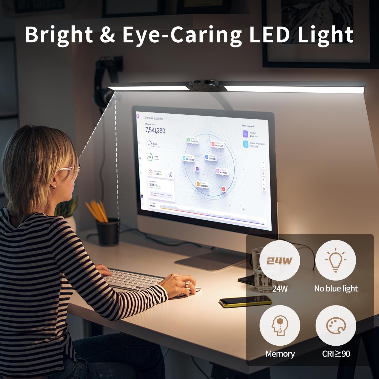 yiluhuanxiao Lámpara de escritorio LED para oficina y hogar, lámpara de doble cabezal con abrazadera con control remoto, cuidado de los ojos, cuello