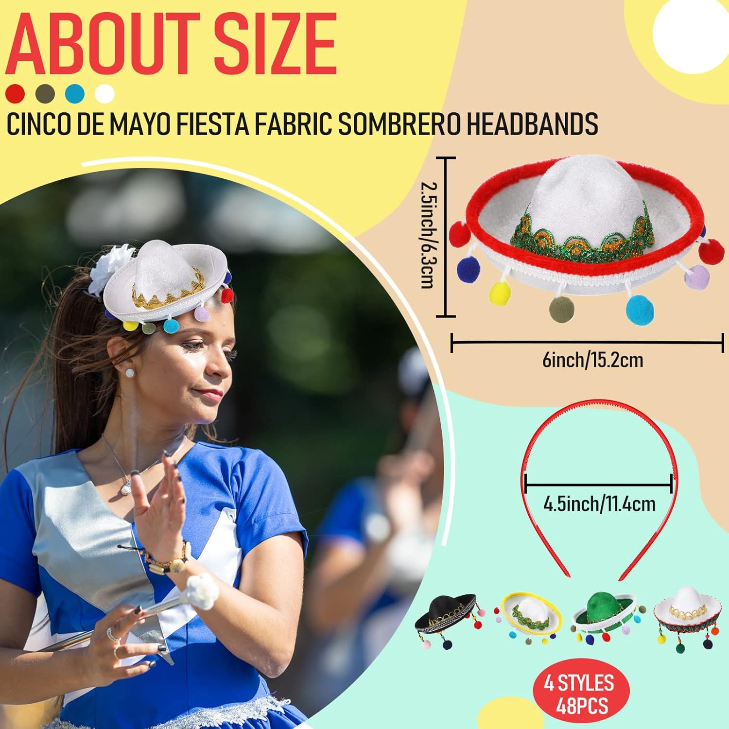 24 diademas de tela para fiesta de Cinco de Mayo, mini sombrero, diademas para fiestas, decoraciones de fiesta, sombreros mexicanos, sombreros,