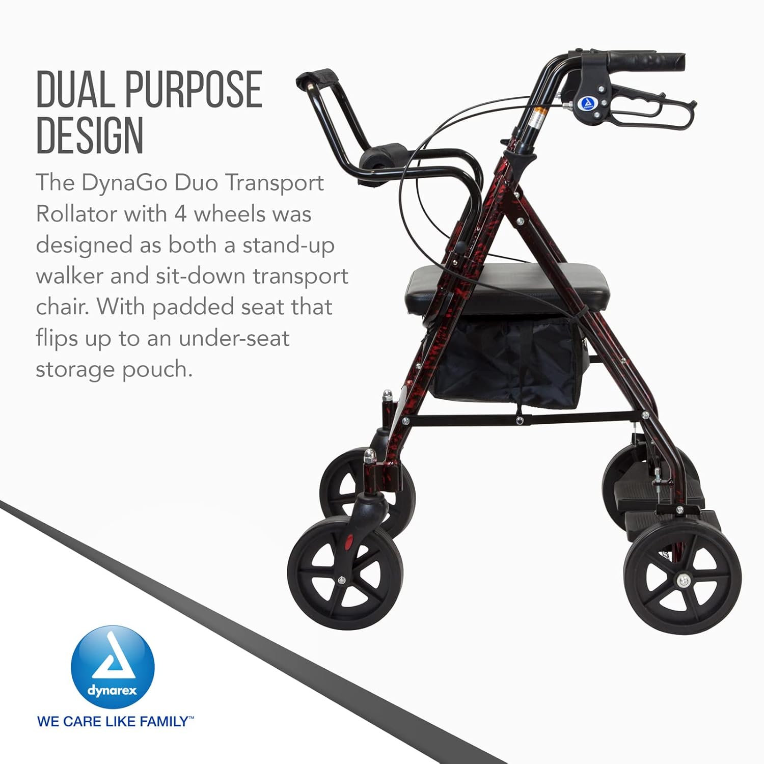 Dynarex DynaGo Duo Transport 4 ruedas – Andador con ruedas de pie y silla de ruedas de transporte sentada – Reposapiés plegables, capacidad de peso