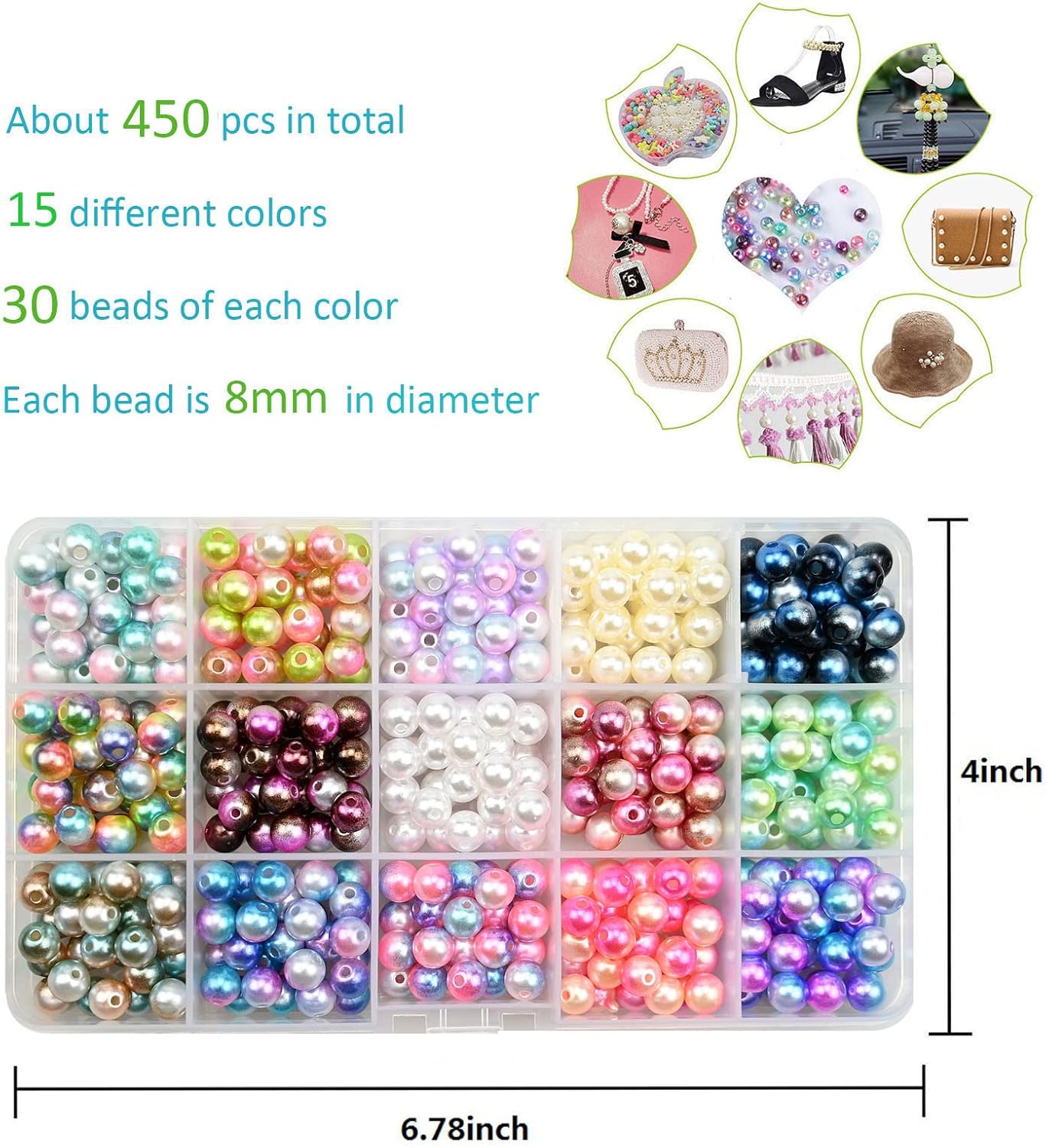 450 cuentas de perlas de imitación ABS de imitación de 0.315 pulgadas, 15 colores, cuentas de arco iris suaves para hacer joyas, aretes, collares,