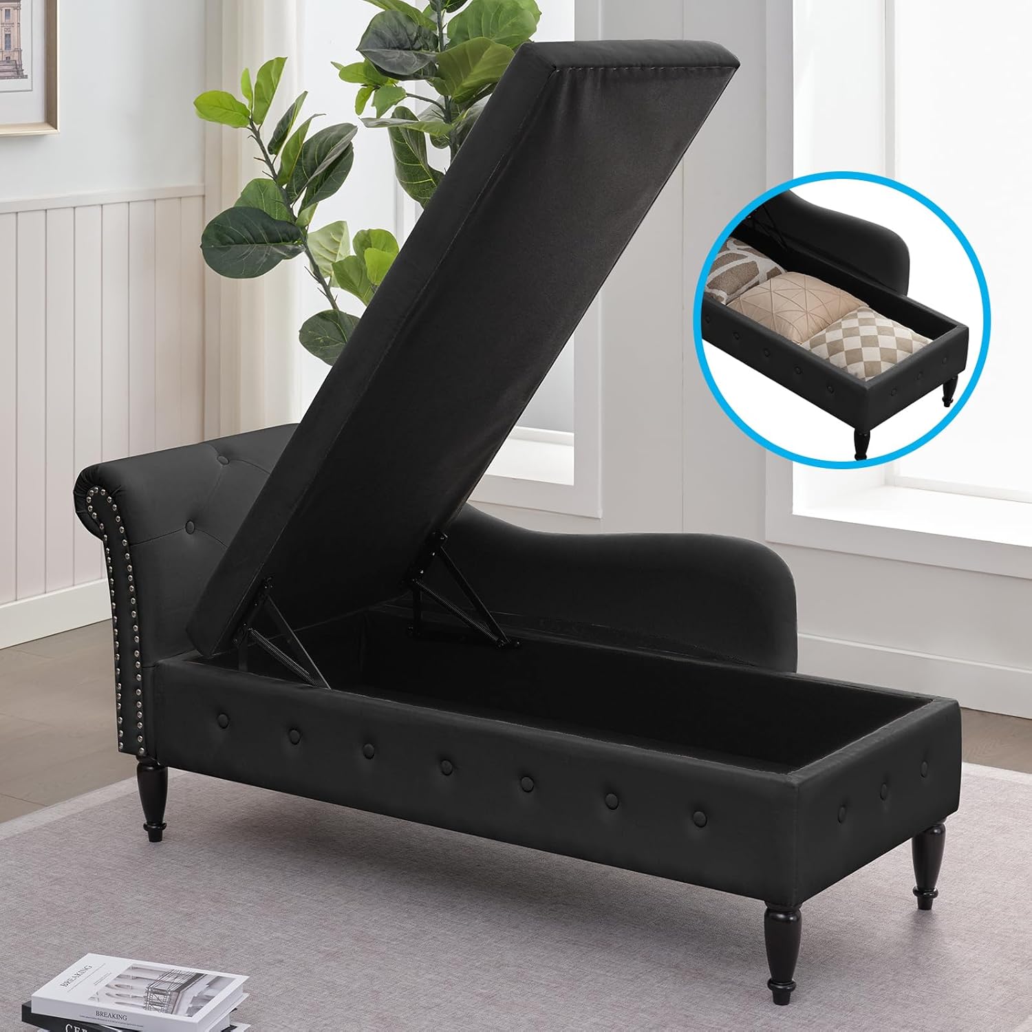 Mjkone Tumbona Accent con diseño de almacenamiento elevable, silla de descanso tapizada con brazo enrollado con ribete de cabeza de clavo, tumbona