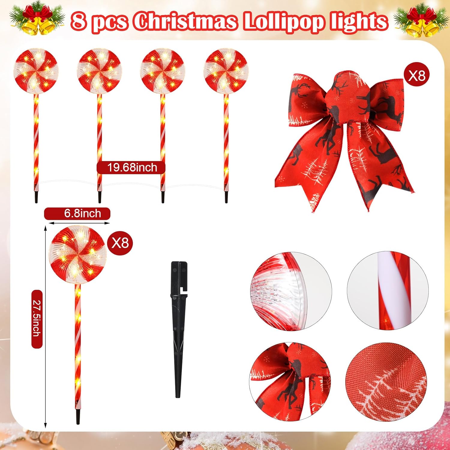 2 juegos de luces de camino de piruleta de Navidad, decoraciones de patio de Navidad, 8 modos, luces LED de marcador, luces de paisaje impermeables