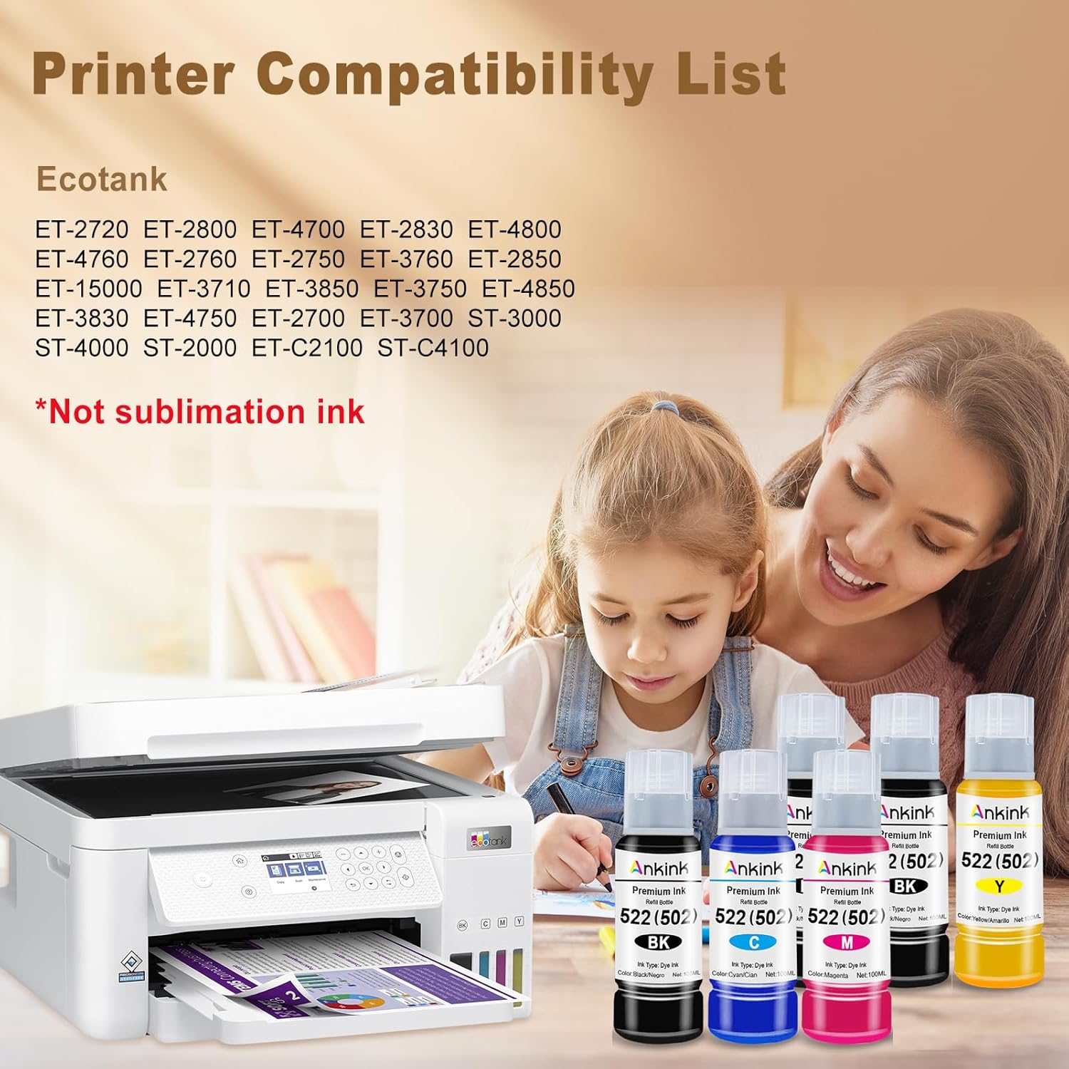 Ankink T522 522 Botella de tinta de repuesto de alta capacidad de 20.3 onzas líquidas para botella de repuesto de tinta compatible con Epson 502 Uso