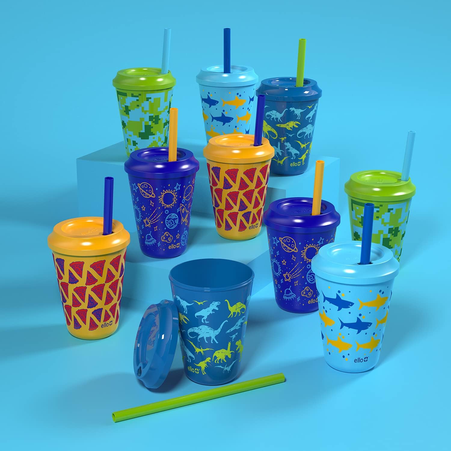 Ello Vasos de plástico reutilizables para niños de 12 onzas que cambian de color camaleón con tapas y popote