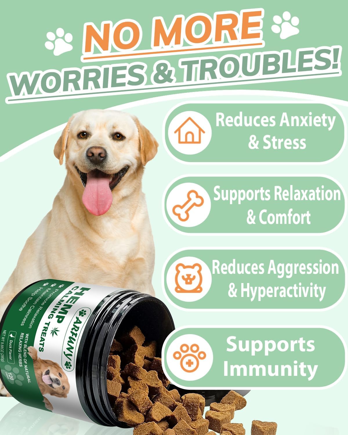 Masticables calmantes de cáñamo para perros para la ansiedad, masticables calmantes con sabor a pato, 120 masticables masticables para perros,