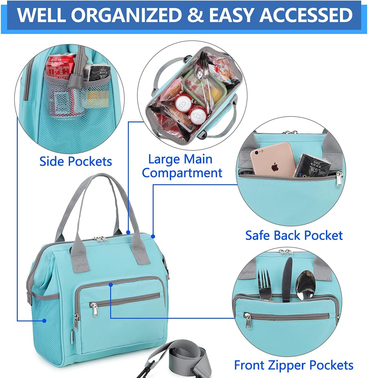 VONXURY – Lonchera grande reutilizable de apertura amplia para hombres y mujeres con correa extraíble, bolsa de almuerzo para adultos, para trabajo,