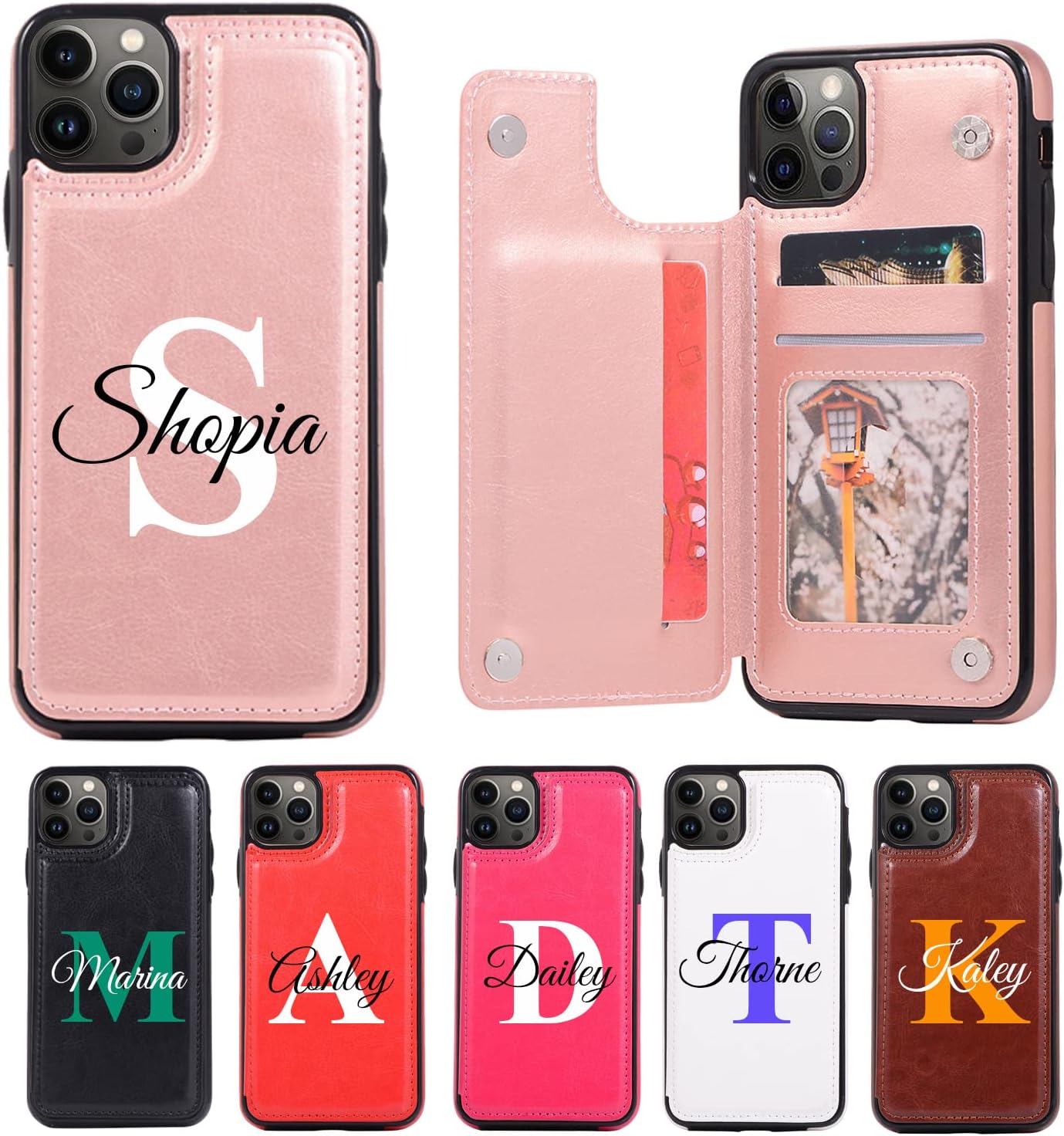 BOSTEPY Funda personalizada para iPhone 16 15 14 13 12 Pro Max 11 Mini Xr Xs X 7 8 Plus SE 2020 2022 6s 6, piel sintética suave, cartera magnética