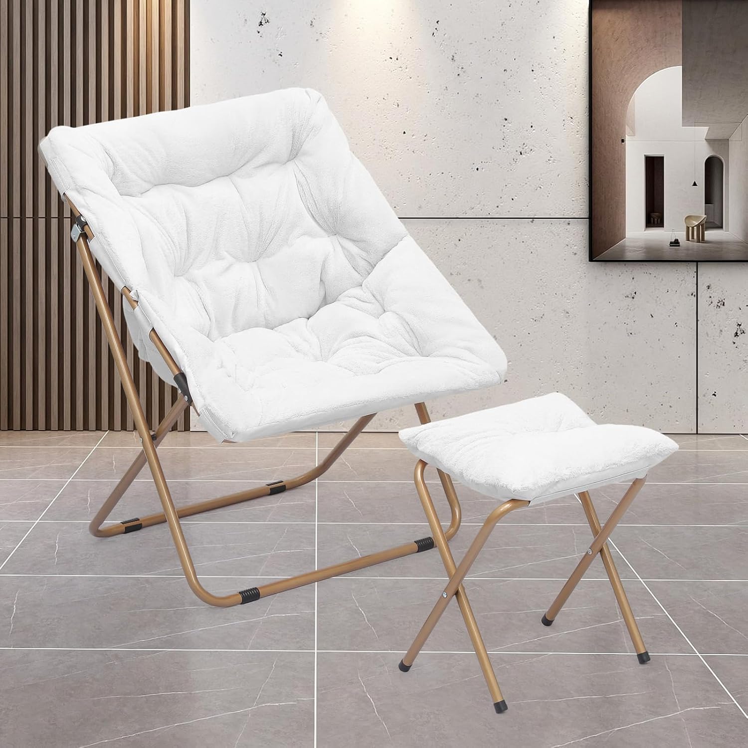 Magshion Silla cuadrada plegable de gran tamaño con platillo de luna para adultos con reposapiés otomano, silla grande y acogedora para dormitorio,