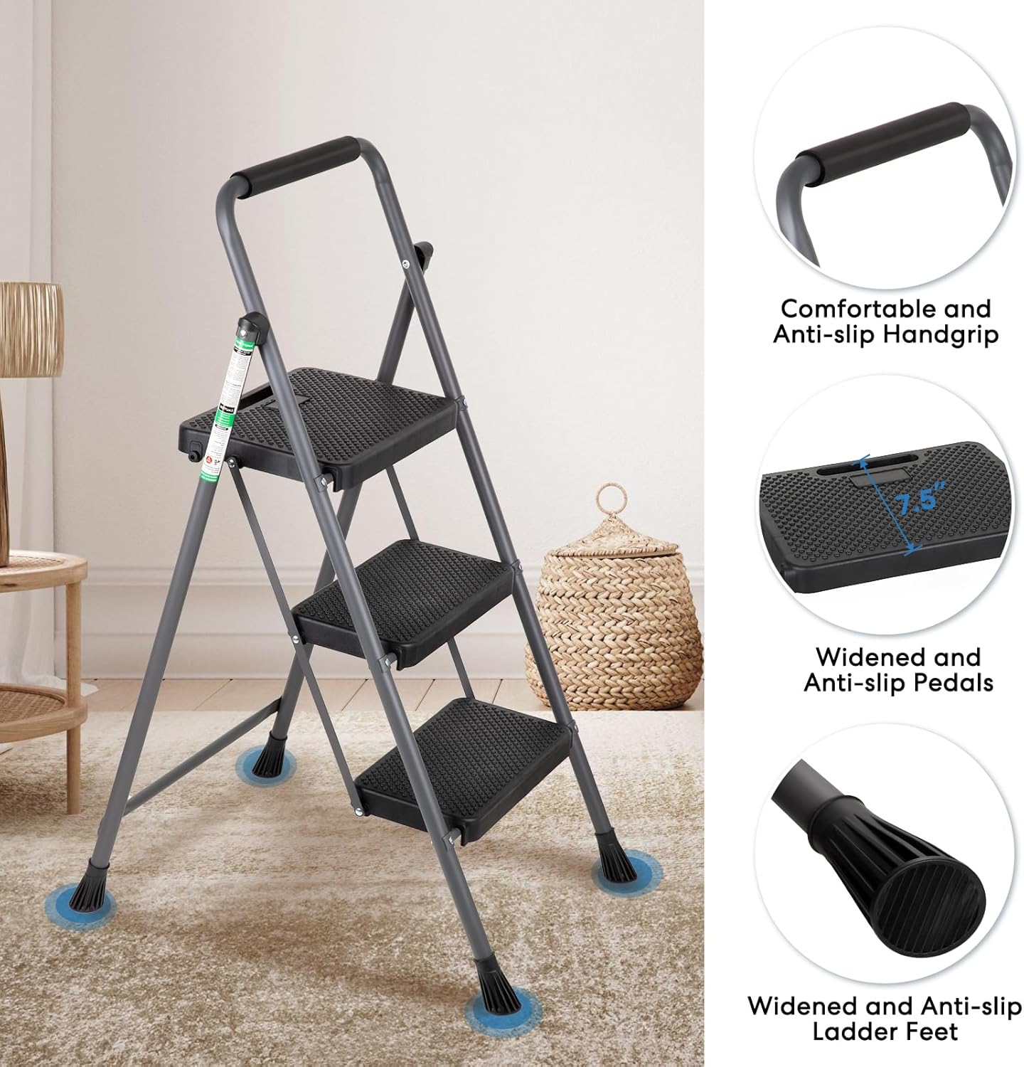 Escalera de 3 escalones, taburete plegable para adultos con asa, escalera de acero ligera y resistente con pedal antideslizante ancho, perfecto para