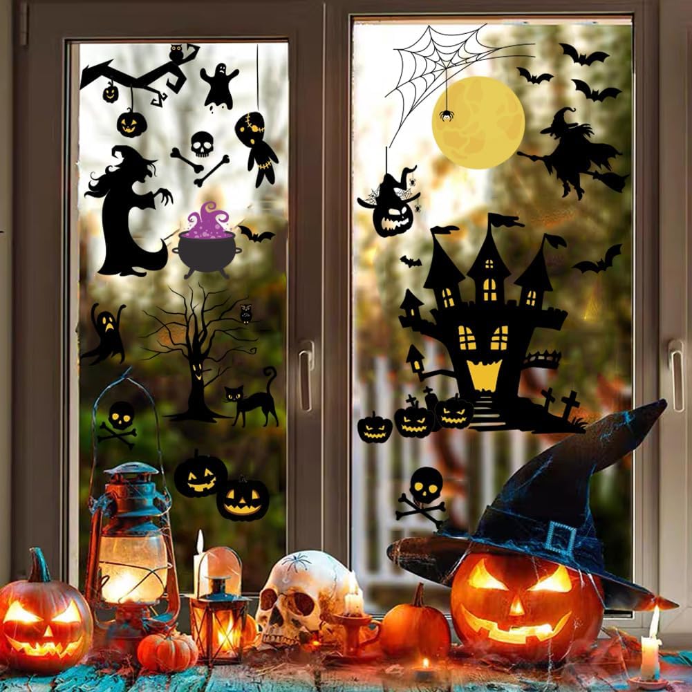 Calcomanías de pared de bruja de Halloween, decoración de pared de murciélago de luna de Halloween, decoración de pared de vinilo para despegar y
