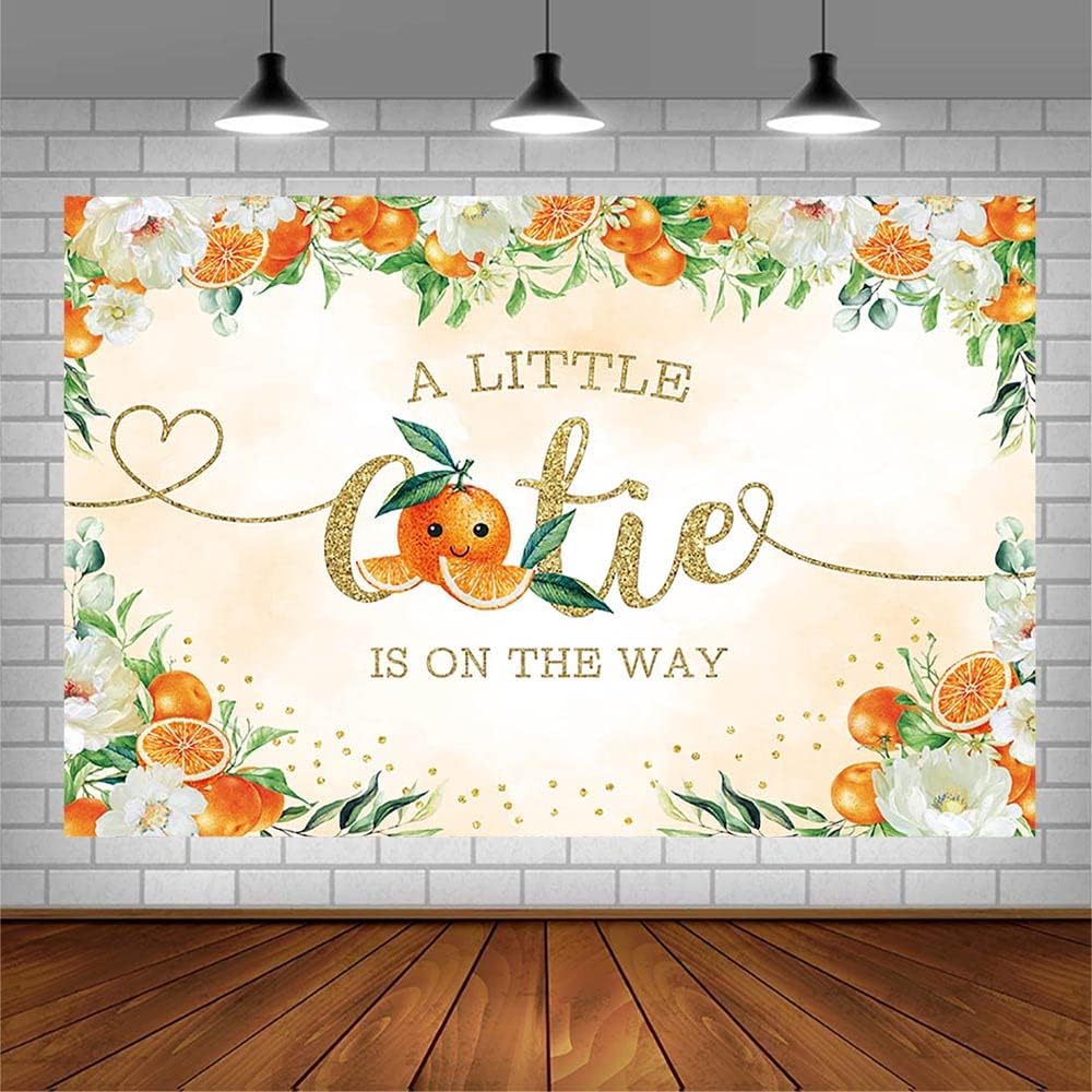 AIBIIN Telón de fondo naranja de 7 x 5 pies para baby shower con texto en inglés “A Little Cutie is on the Way” (Un pequeño cutie is on the way)