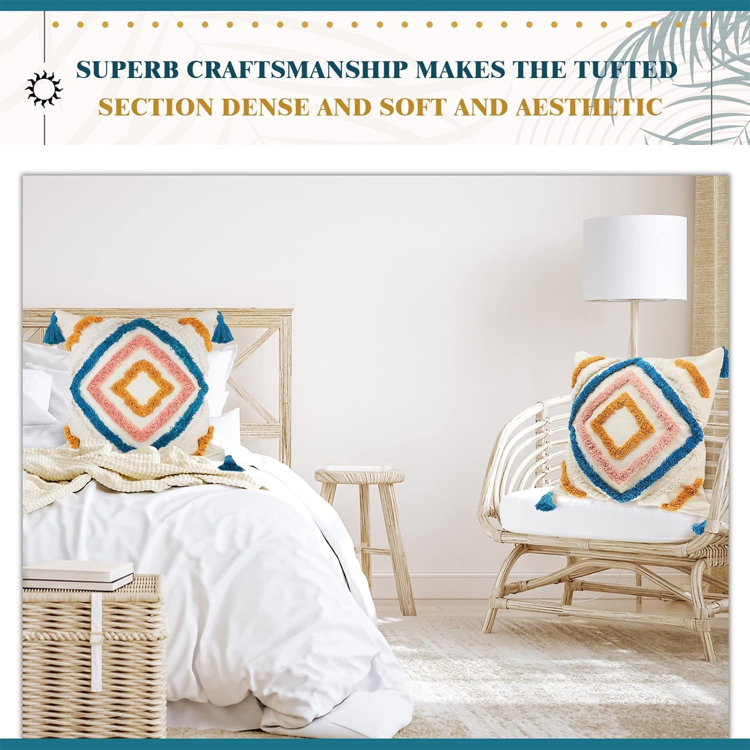 Moukeren 2 fundas de almohada bohemias de 18 x 18 pulgadas, fundas de almohada decorativas con borlas de diamantes para cama, sofá, sala de estar,