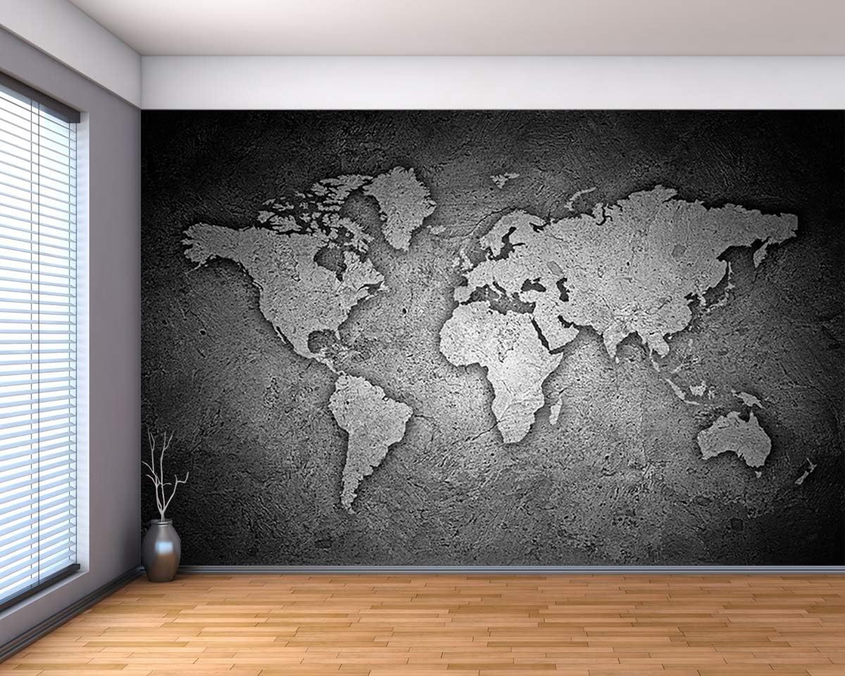Picture Sensations Mural de pared con textura de lienzo, mapa del mundo con textura de piedra en blanco y negro, papel tapiz de vinilo autoadhesivo,