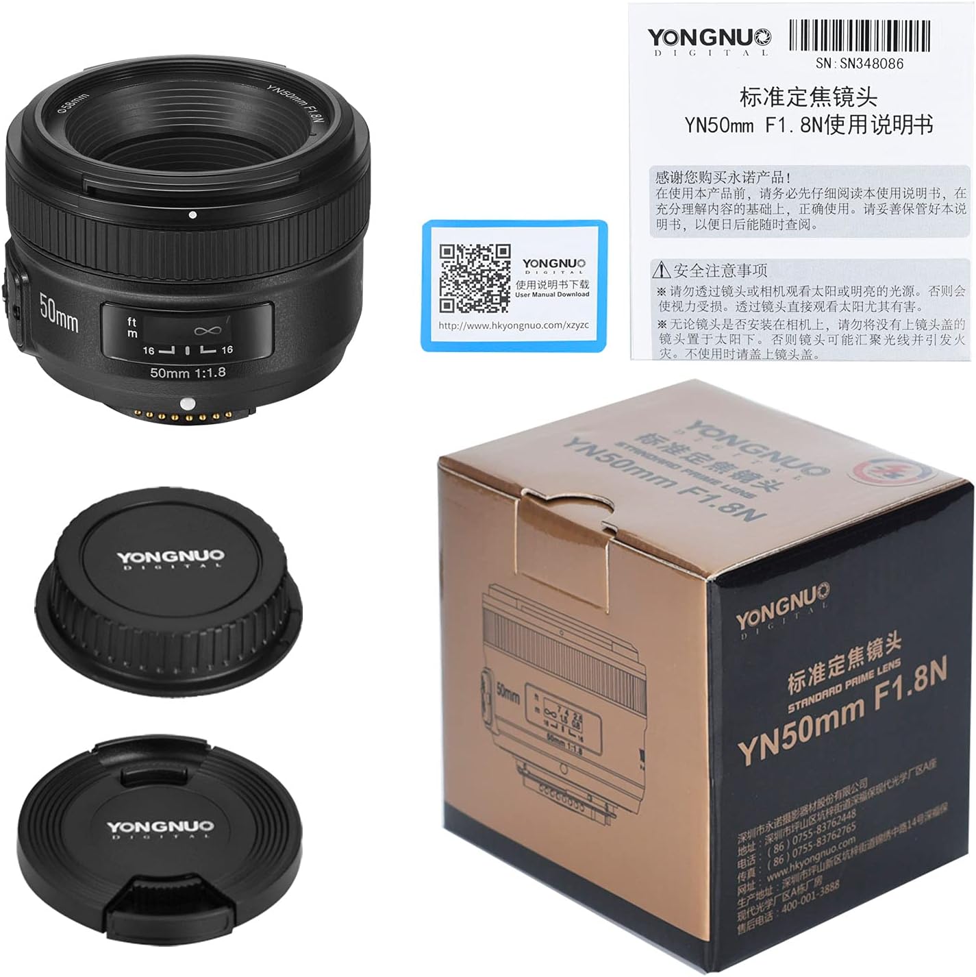 YONGNUO YN50mm F1.8, lente de enfoque automático estándar Prime para cámaras Nikon Full Frame SLR F Mount Negro
