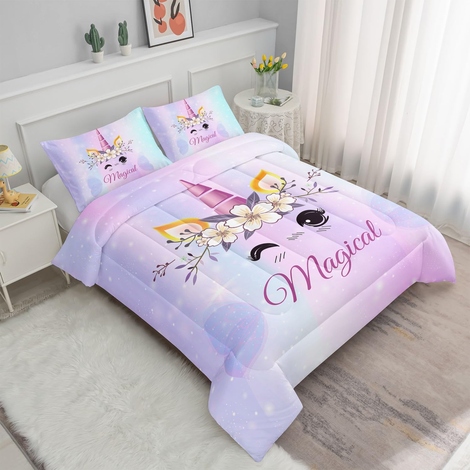 Datura home Lindo juego de edredón de unicornio para niñas y mujeres, juego de ropa de cama con estampado de unicornio Kawaii degradado morado y