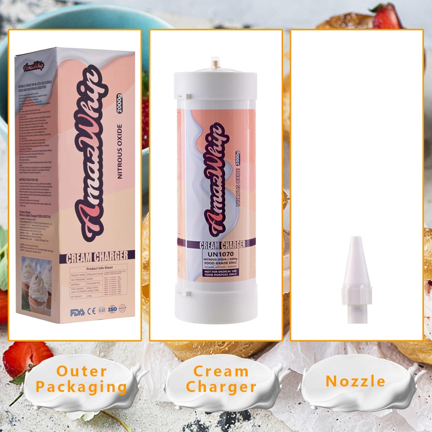 Cargador de crema batida de 3.3 L – Cargadores de crema batida N2O sabor original puro tanque de óxido nitroso de grado alimenticio (2 cilindros)