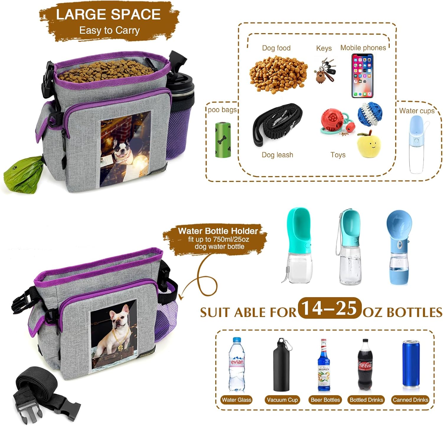 Bolsa de golosinas para perros para pasear a varios perros, bolsa de golosinas de gran capacidad para perros con soporte integrado para botella de