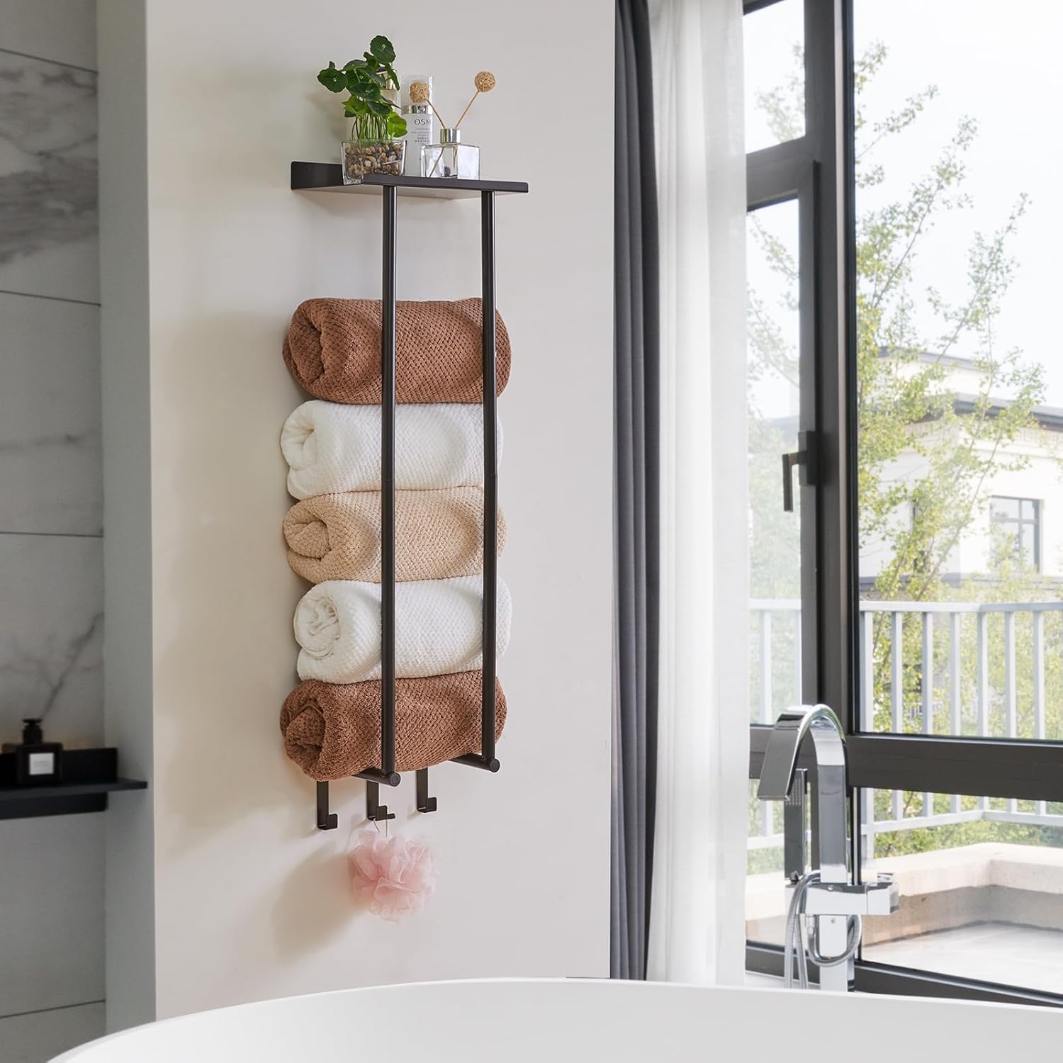 IBUYKE Almacenamiento de toallas para baño montado en la pared, soporte de toalla de baño de metal para toalla grande plegada, almacenamiento de