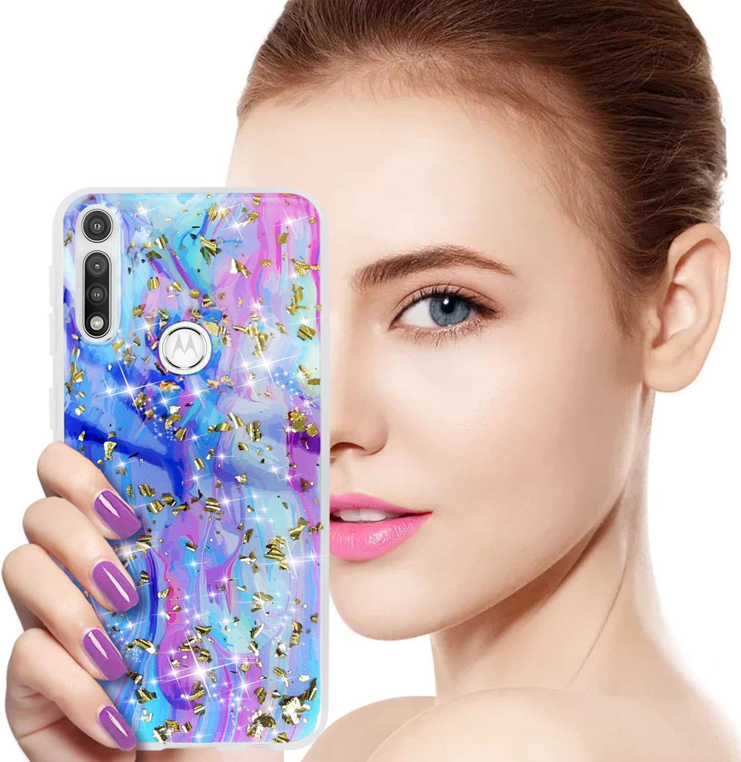 TJS Funda compatible con Motorola Moto G Pure 2021, Moto G Power 2022, con protector de pantalla de vidrio templado, brillante escamas con purpurina