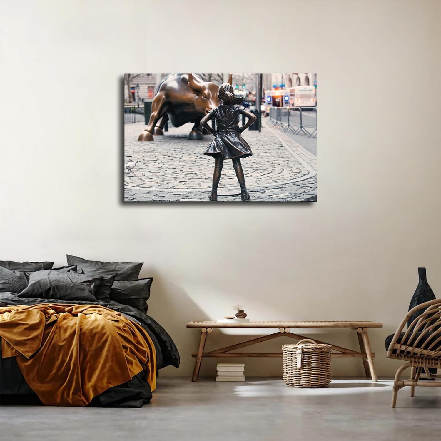Wall Street – Póster impreso de estatuas de toro de carga de niña sin miedo, arte en lienzo y arte de pared, póster moderno para dormitorio familiar
