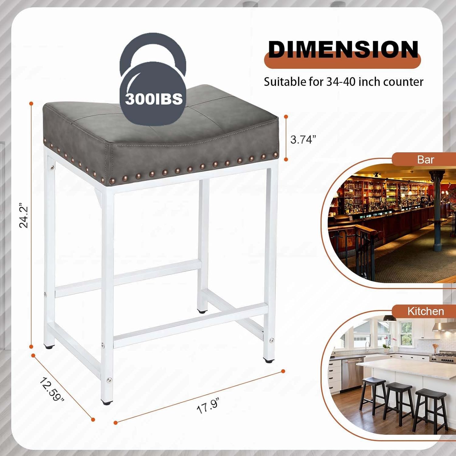 Juego de 2 taburetes de bar de altura de mostrador con cojines suaves y marco de acero, taburete moderno de 24 pulgadas para bar, taburetes para