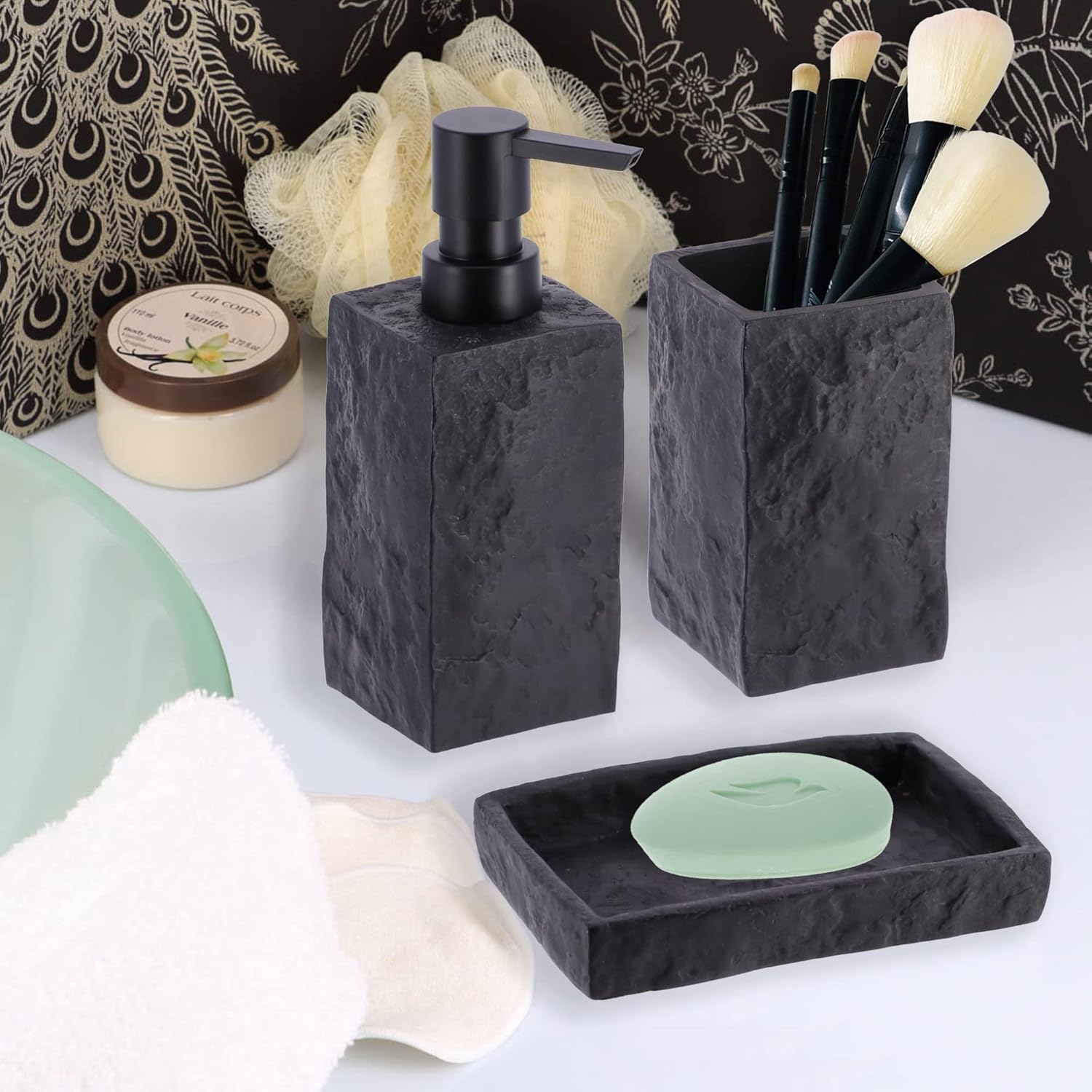 Dispensador de jabón de manos y loción de resina cuadrada de baño, efecto piedra, 9 onzas líquidas, negro