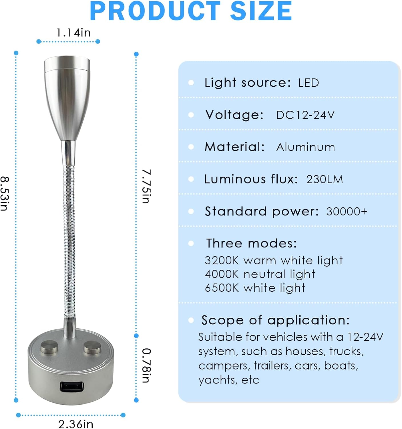 TZnpnor – Paquete de 2 luces LED de noche de 12 a 24 V, puerto de carga USB, cuello de cisne, atenuación táctil, foco giratorio de 360 para cámper,