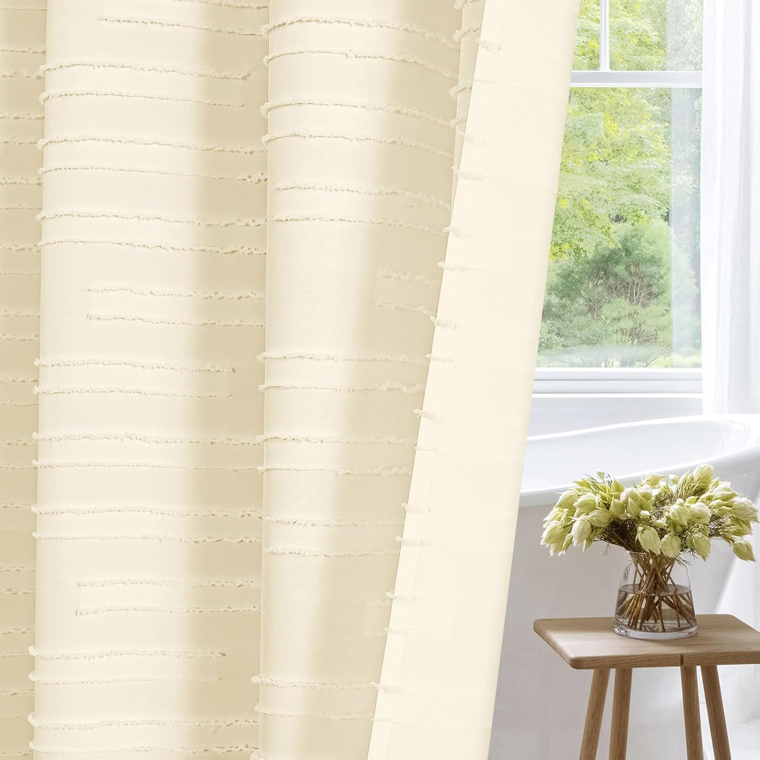 MitoVilla Juego de cortinas de ducha de tela bohemia color crema con textura a rayas, cortinas de ducha de lujo beige para decoración moderna de