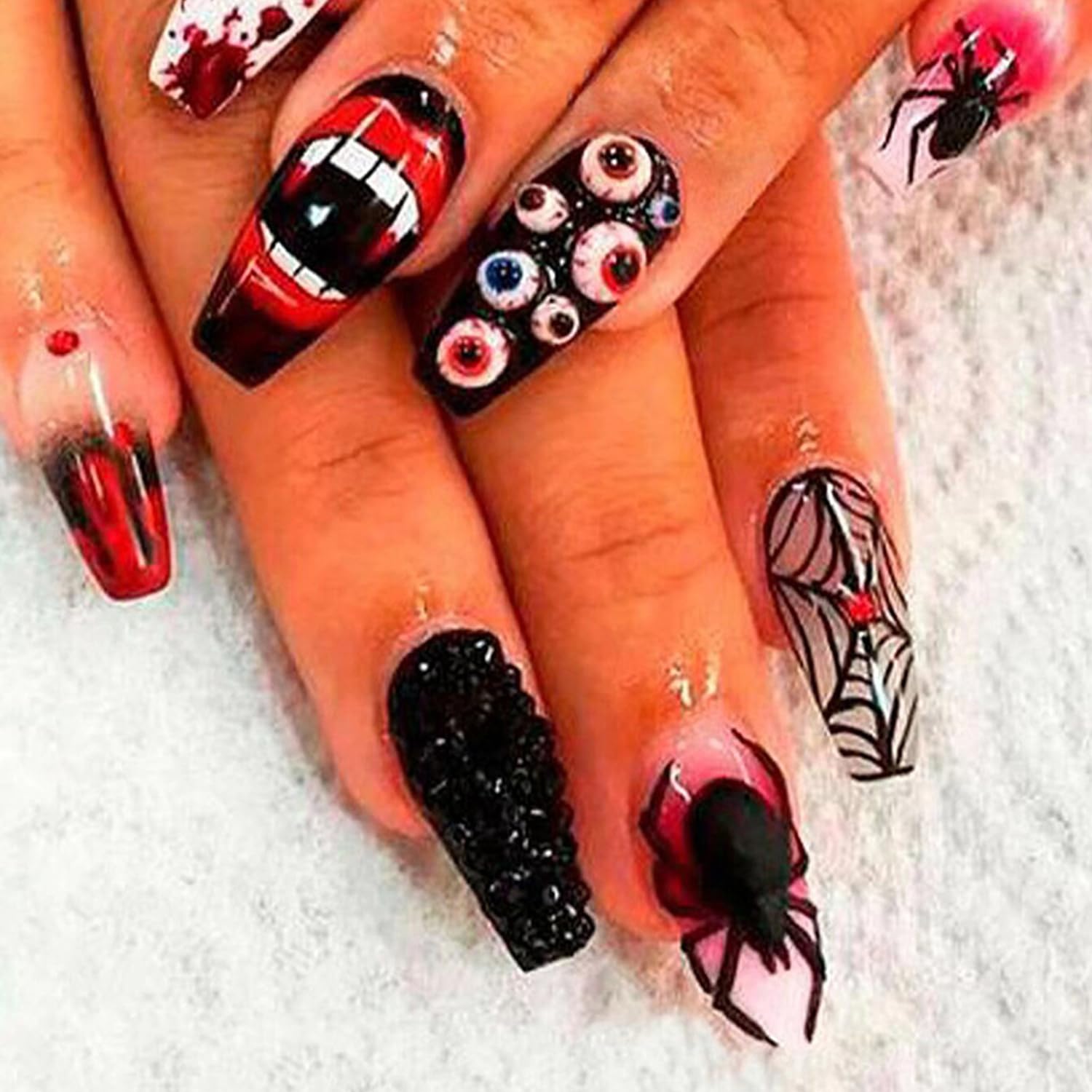 Uñas postizas a presión para Halloween, diseño de telaraña, con forma de araña y gota de sangre, uñas largas de terror, uñas artificiales para el