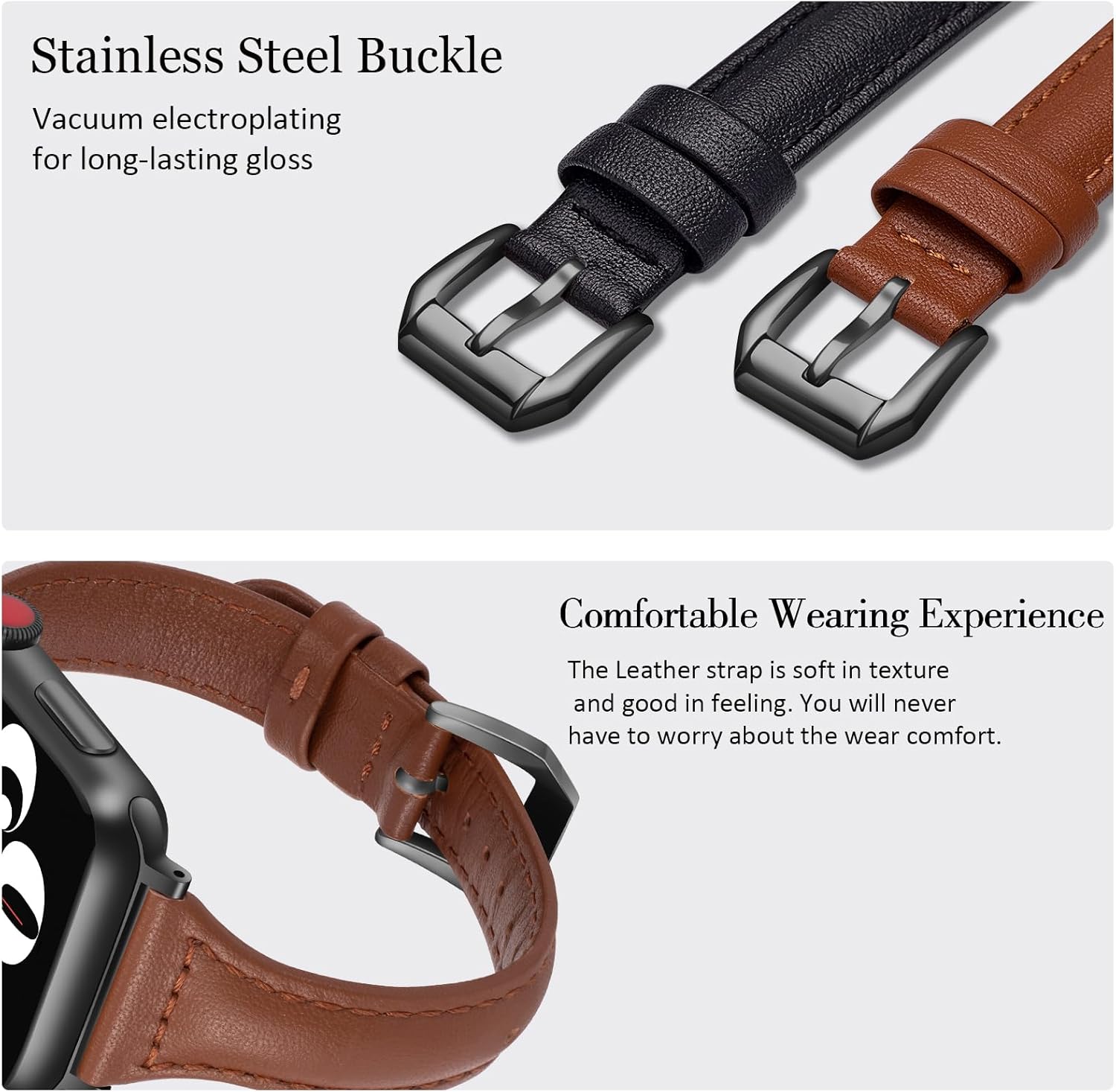 Paquete de 2 correas delgadas de cuero genuino compatibles con Apple Watch Band de 1.496 pulgadas, 1.575 pulgadas, 1.614 pulgadas, 1.654 pulgadas,