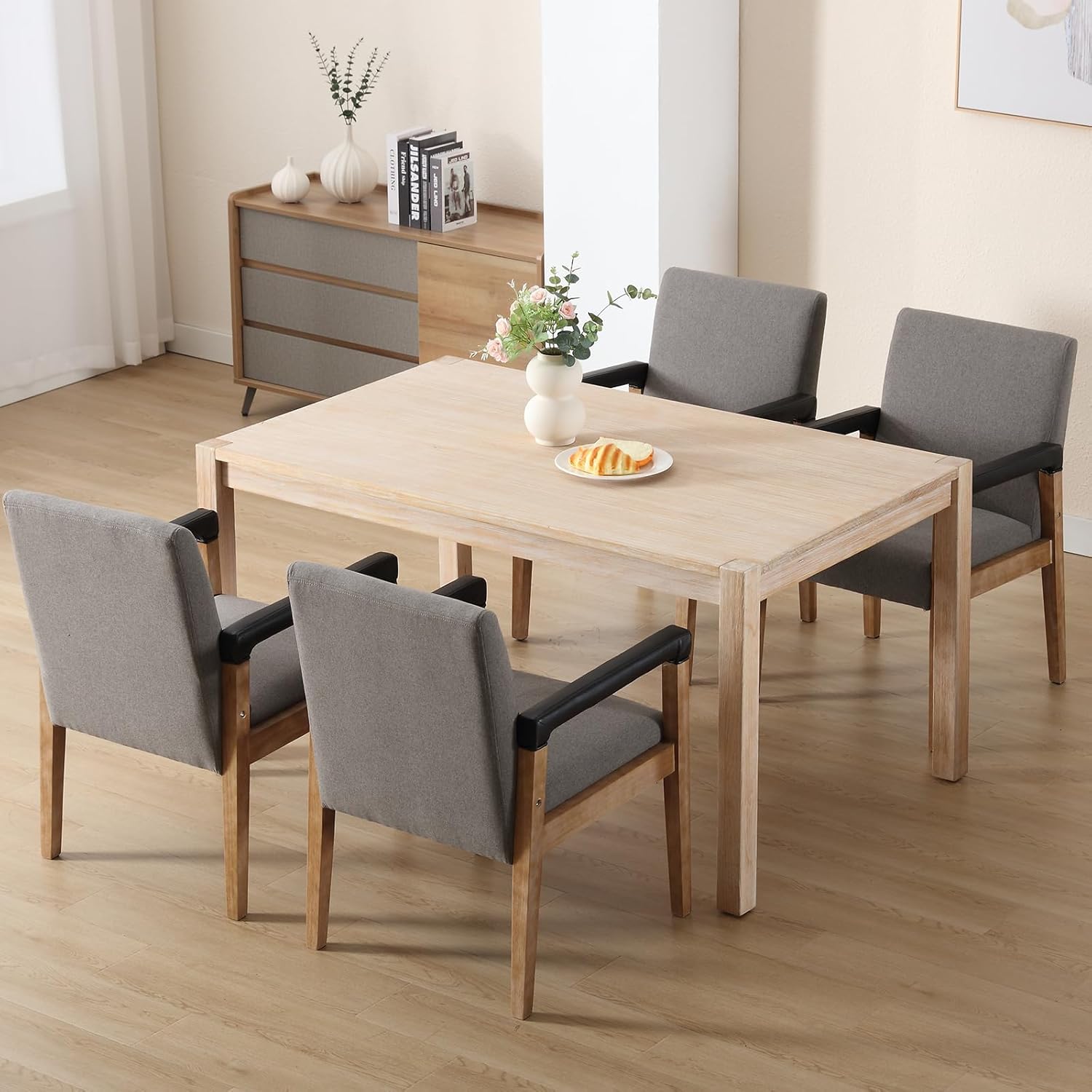 Kmax Sillas de comedor modernas, sillas de cocina de tela de lino, sillas tapizadas, juego de 2 con patas de madera para comedor, sala de estar,