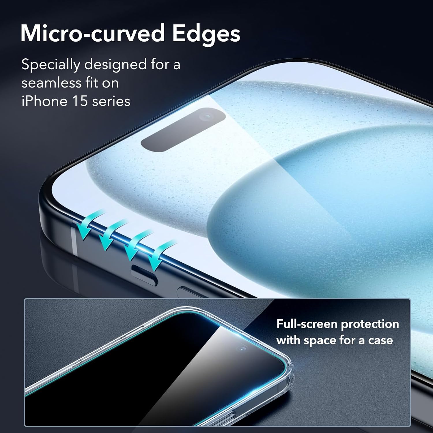 ESR Paquete de 3+2 protectores de pantalla para iPhone 15, 3 protectores de pantalla de vidrio templado y 2 protectores de lente de cámara, bordes