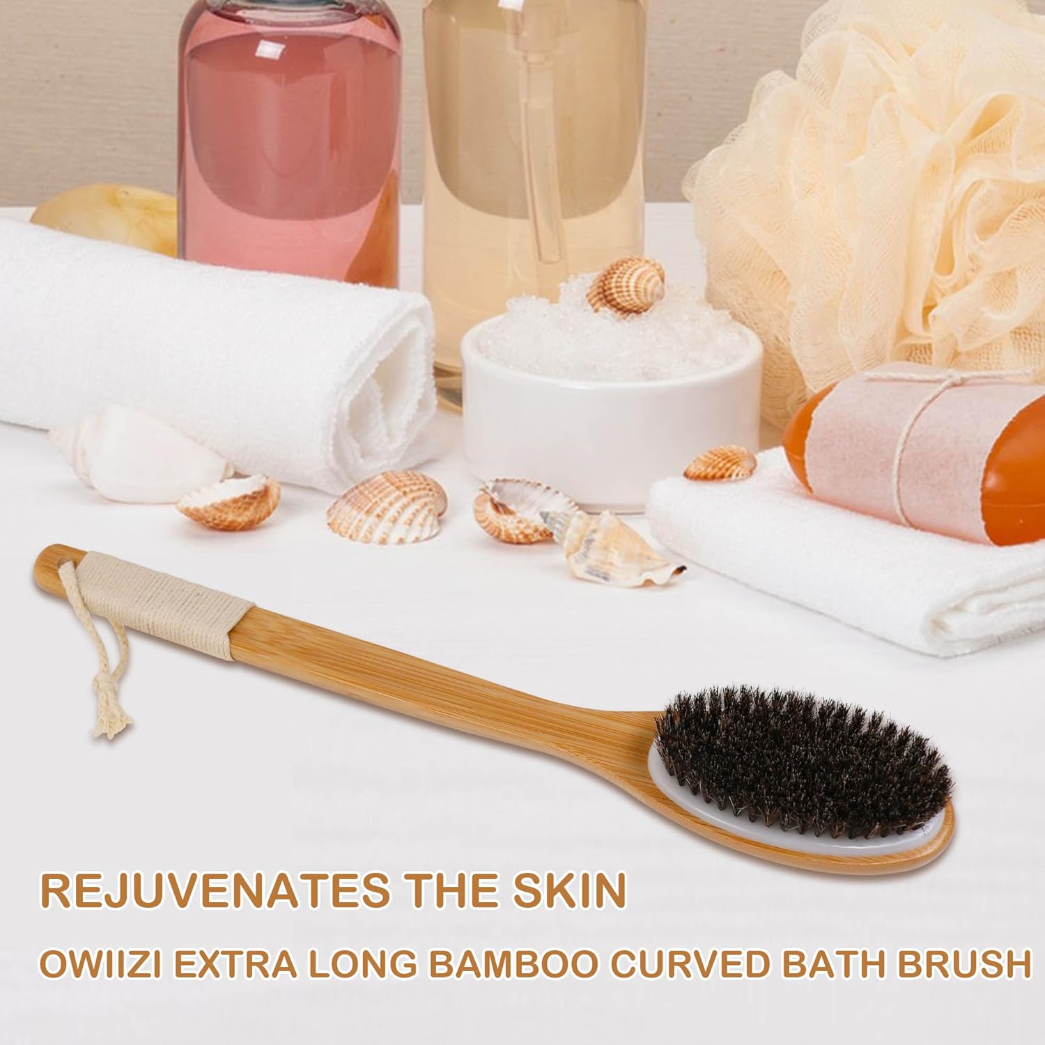 OWIIZI Cepillo de baño de crin de bambú, curvado, mango largo, antideslizante, cepillo corporal para exfoliación, limpiador de ducha de melena