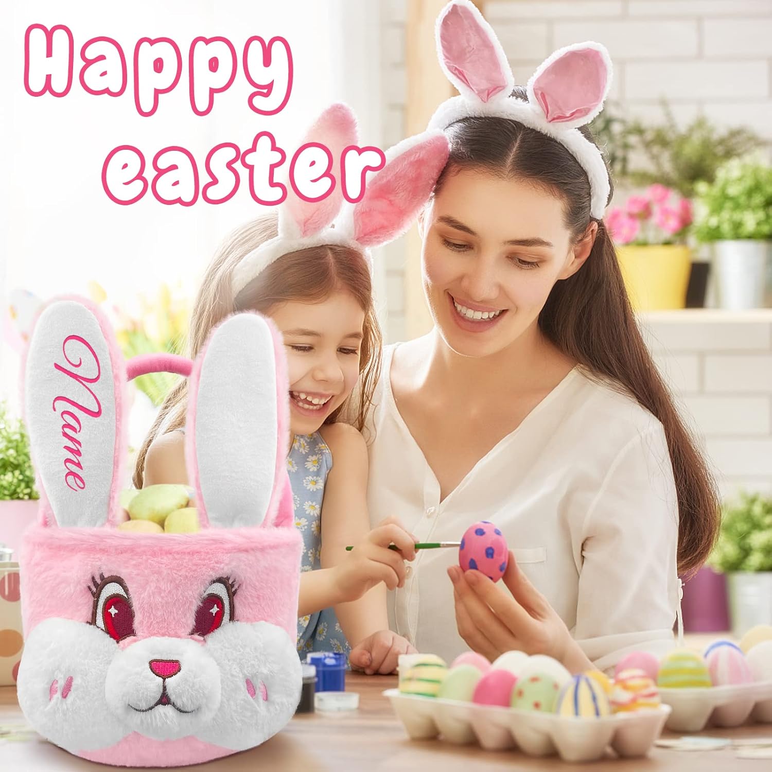 Bolsa de conejo de Pascua personalizada con diseño de conejo de felpa para niños con bordado de nombre personalizado, oreja larga para niños y