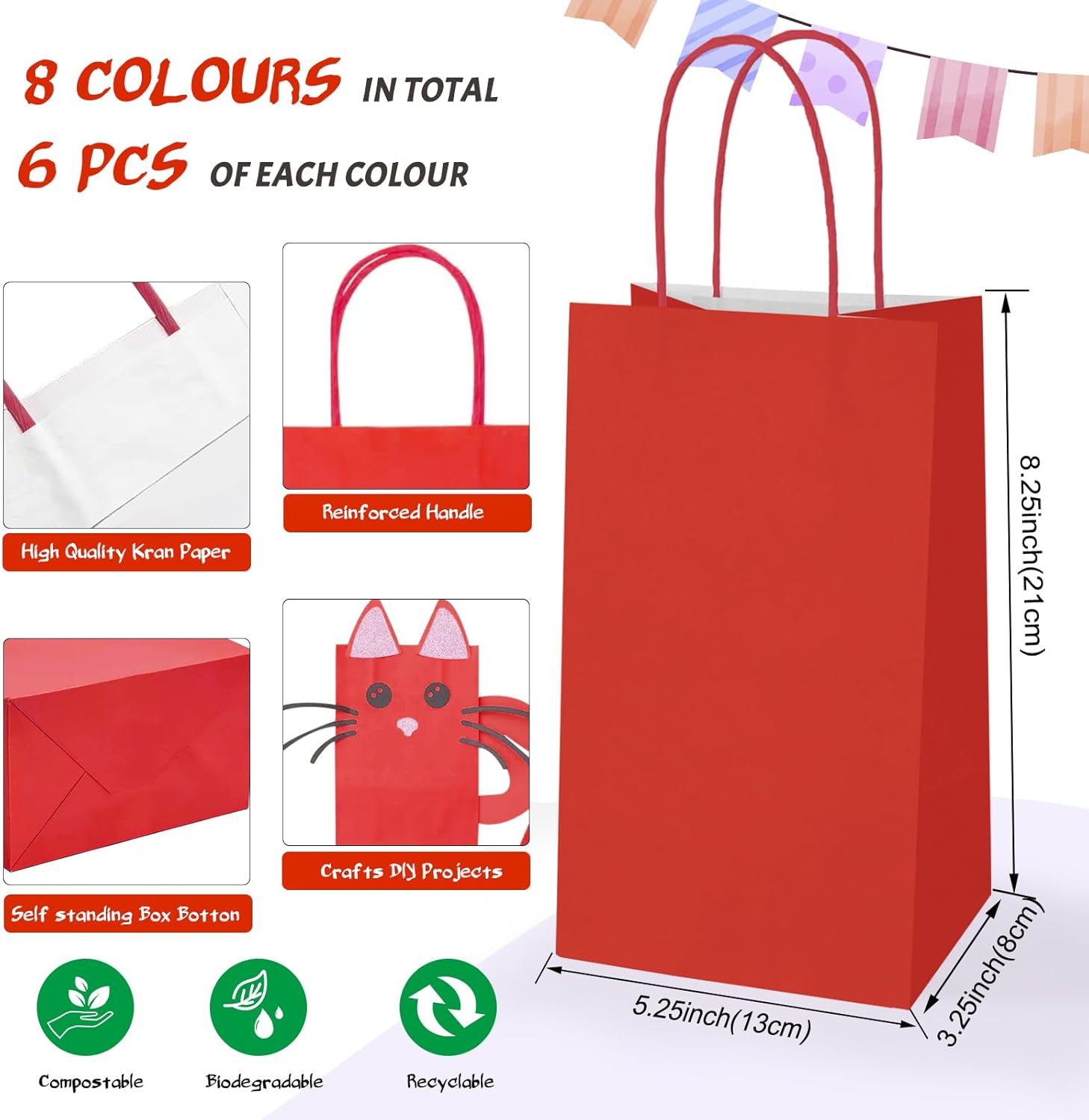Paquete de 48 bolsas de regalo pequeñas con papel kraft de 8 colores, 5.25 x 3.25 x 8.25 pulgadas, bolsas de recuerdo de fiesta con asas para