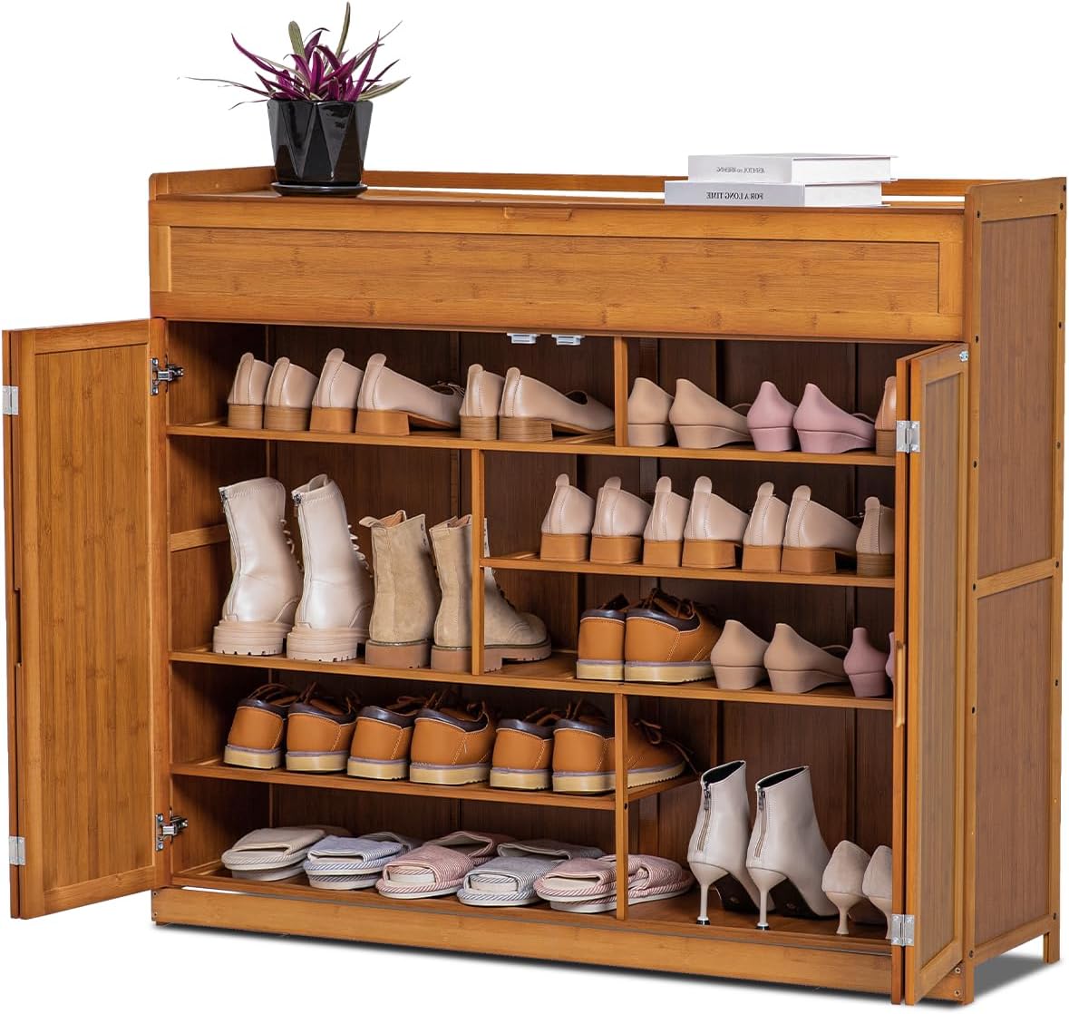 Magshion Organizador de zapatos plegable de bambú de 7 niveles para tacones y botas largas, entrada de pasillo, organizador de zapatos independiente