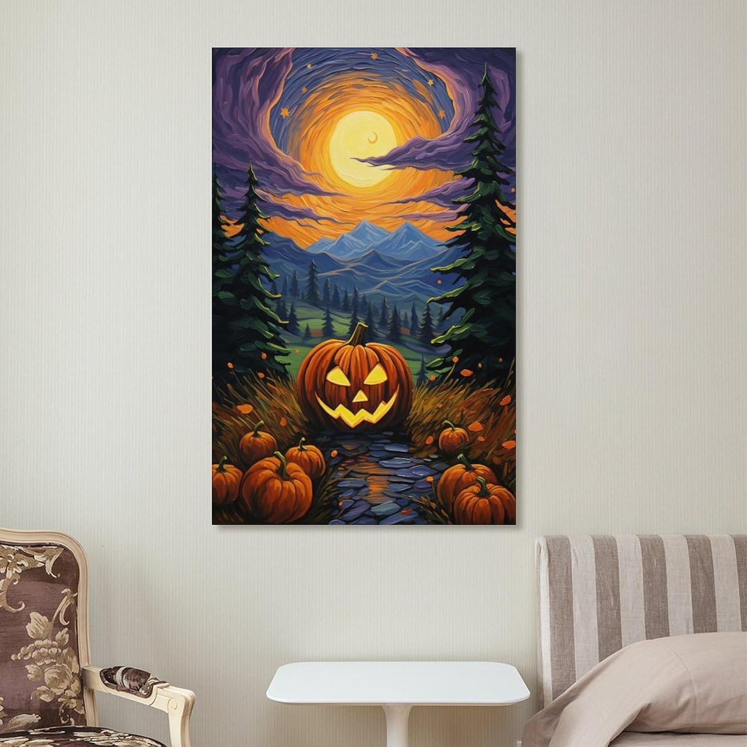 Póster de noche estrellada de Van Gogh con diseño de calabaza, lienzo divertido y estético, decoración de pared de bosque de fantasía, pósteres e