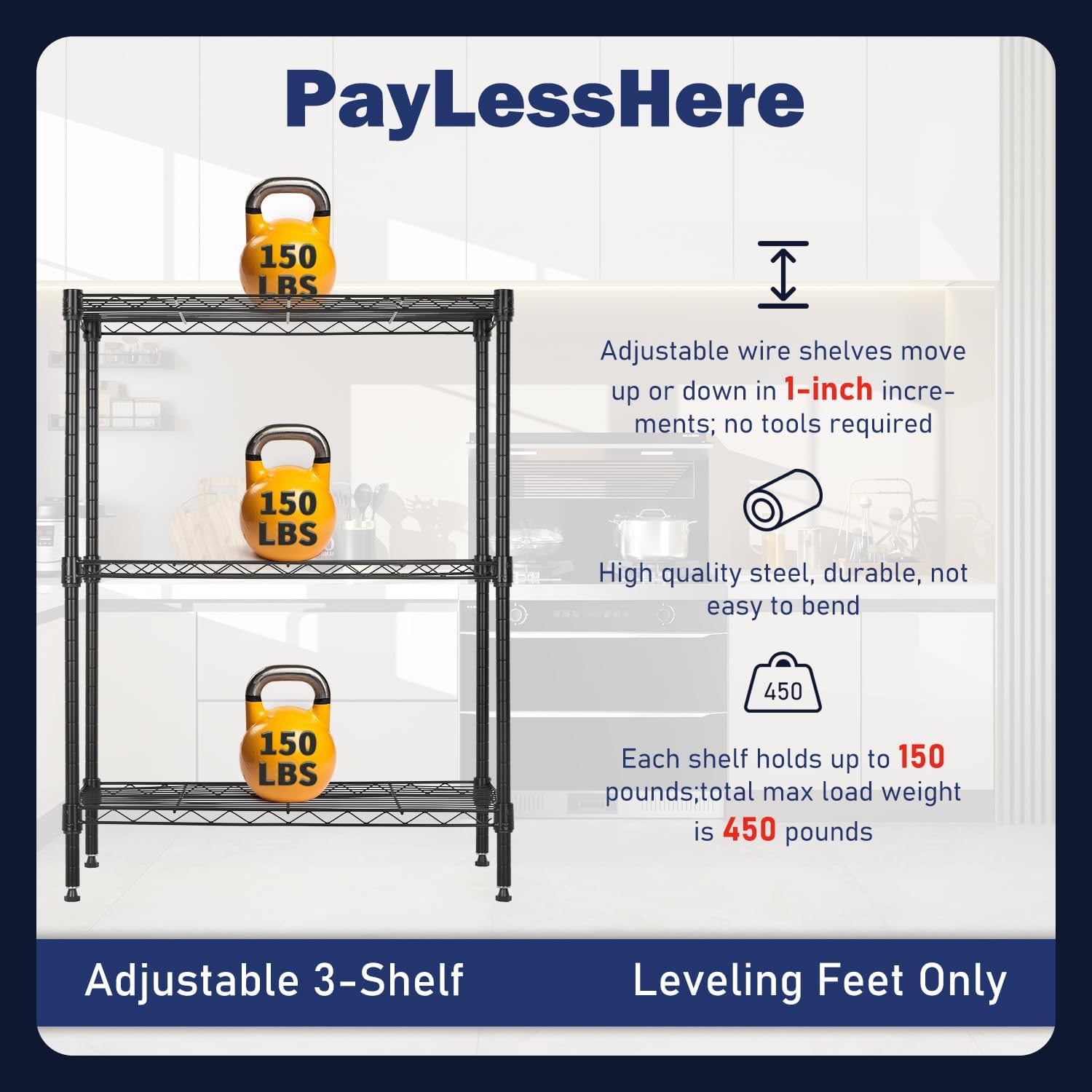 PayLessHere Estantería para despensa, armario de almacenamiento de 3 niveles, estante de almacenamiento de metal ajustable de 450 libras, capacidad