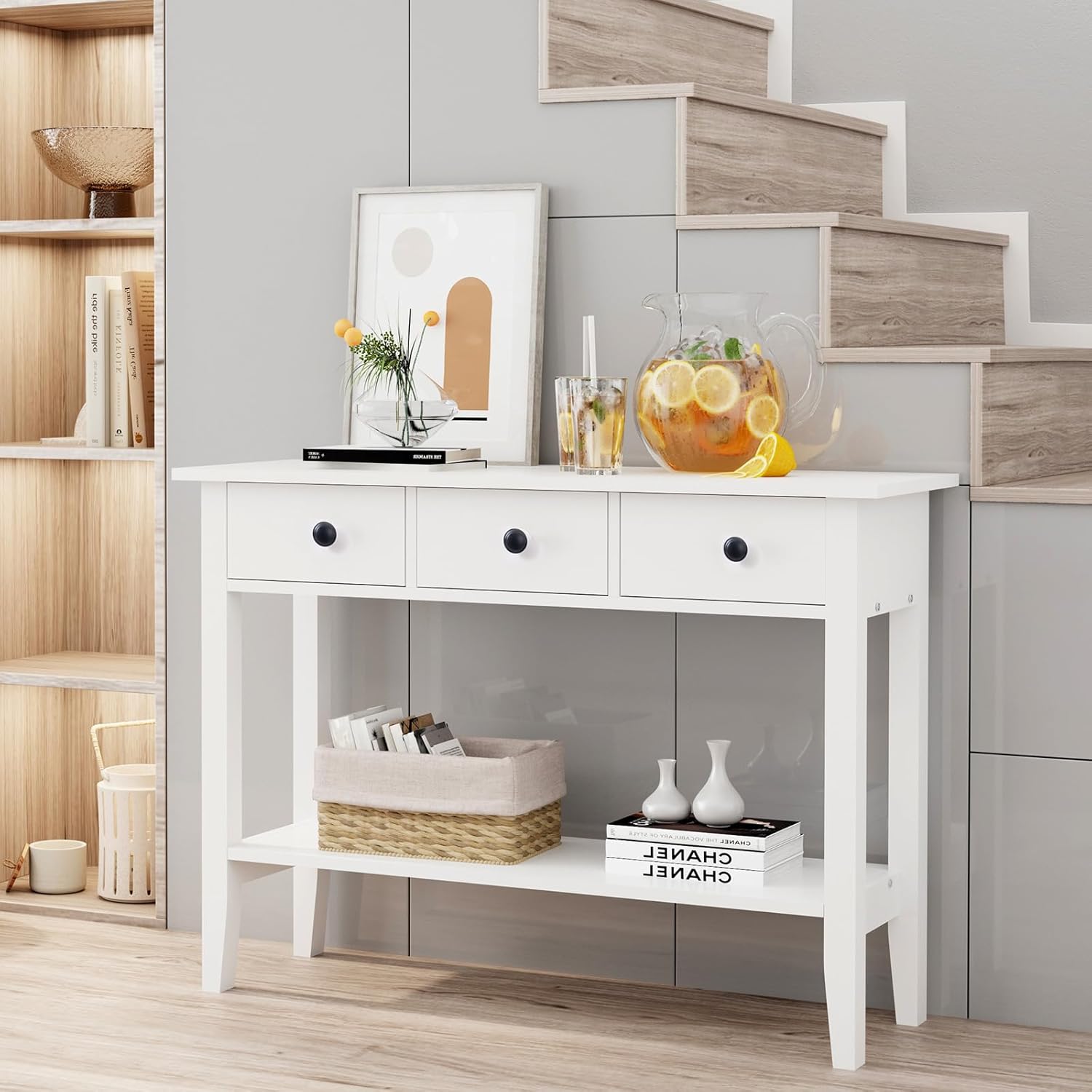 SogesHome Mesa consola de 2 niveles para entrada, mesa blanca para sofá, mesa de entrada con 3 cajones para sala de estar, pasillo, baño (39.37