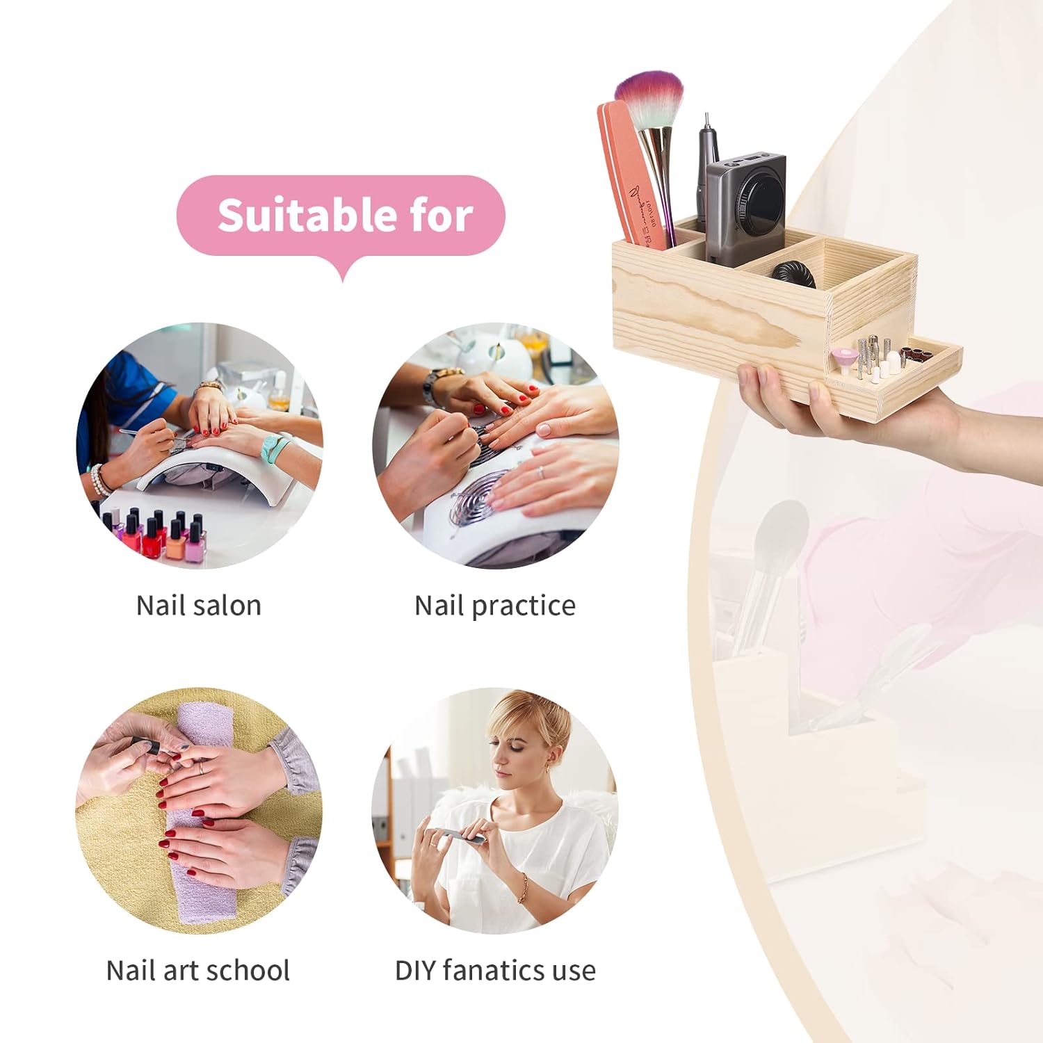 Máquina de taladro de uñas de madera y caja de almacenamiento de brocas (grande), organizador ecológico duradero para herramientas de manicura,