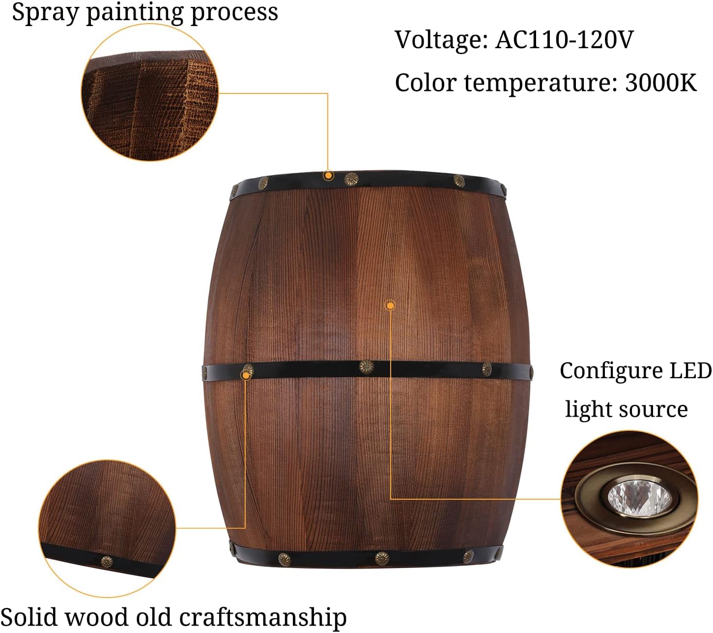 Aplique de pared de barril de vino de madera antigua, lámpara de pared interior para área de bar, tema steampunk, accesorio de iluminación de pared