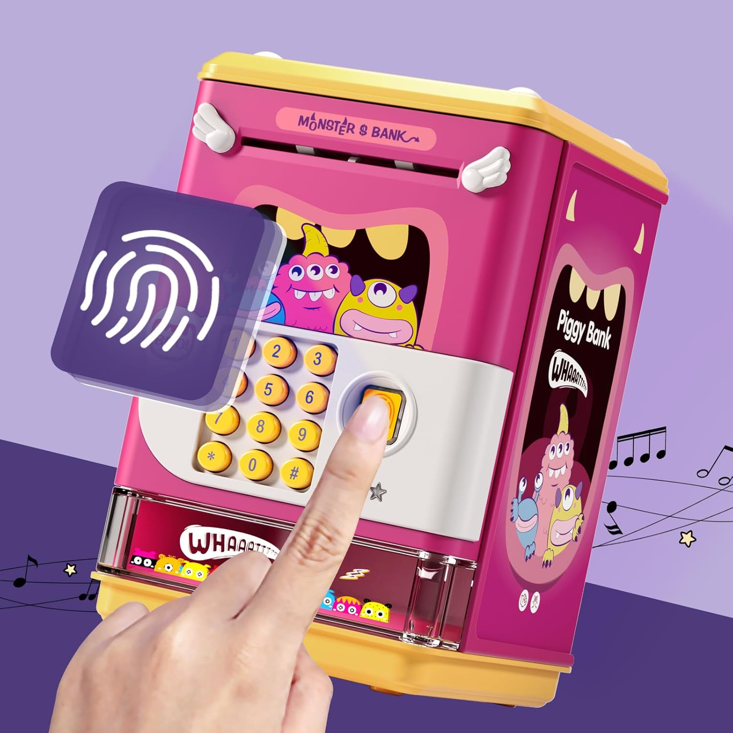 Deejoy Alcancía para niños, mini cajero automático electrónico con contraseña personal y desbloqueo de huellas dactilares, música y luz nocturna, el