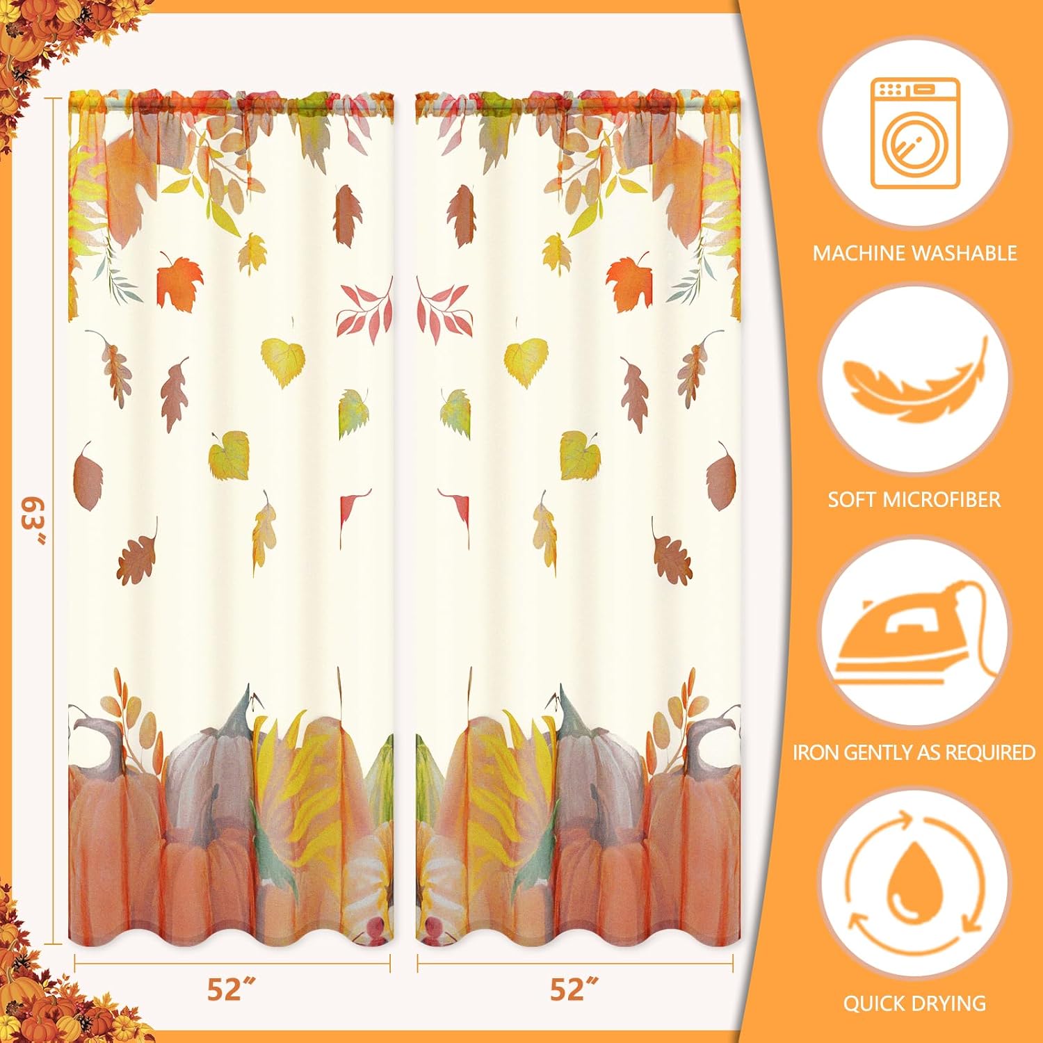 Alishomtll Cortinas traslúcidas de otoño de 63 pulgadas de largo, juego de 2 paneles de cortinas de otoño, decoración de pared, cortinas