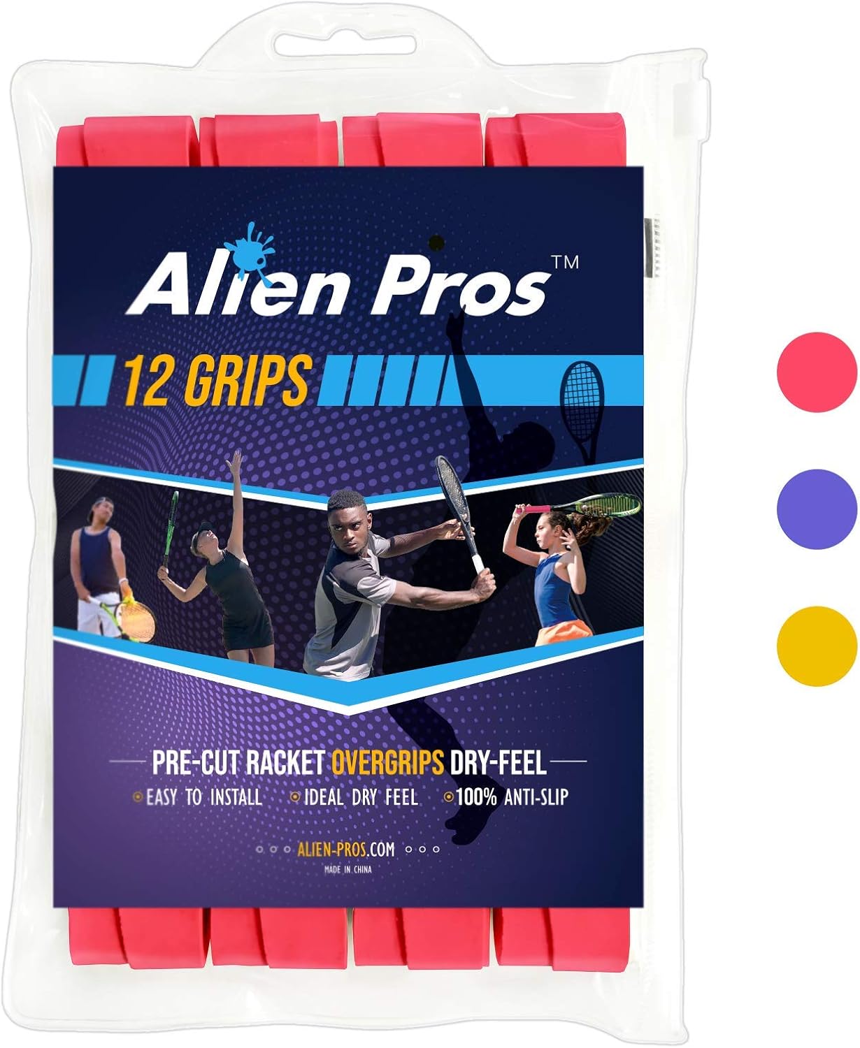 Alien Pros – Cinta de agarre para raqueta de tenis (6, 12 o 60 agarres), agarre de tenis precortado y con sensación seca, cinta de agarre para