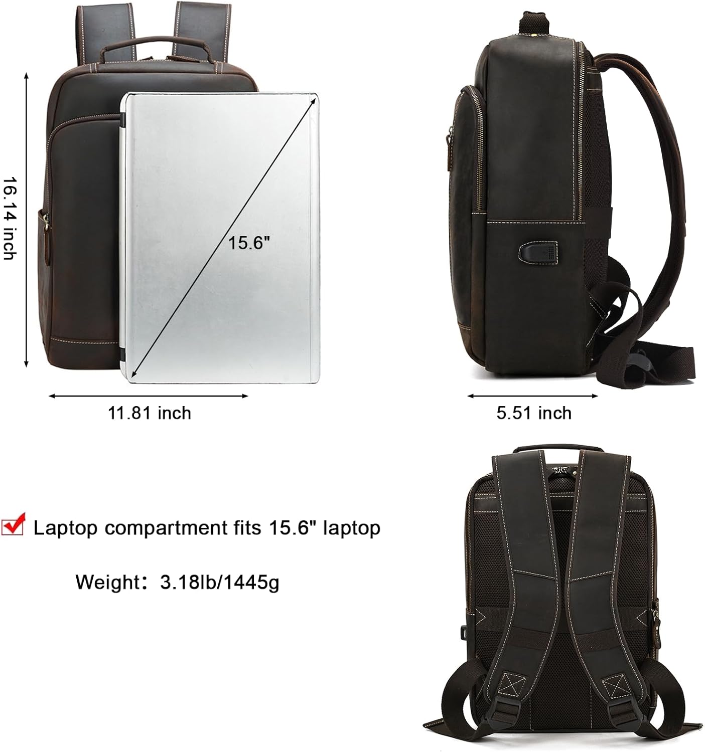 Mochila de cuero para computadora portátil para hombre, viaje de negocios, mochila de hombro de gran capacidad con puerto de carga USB, bolsas de