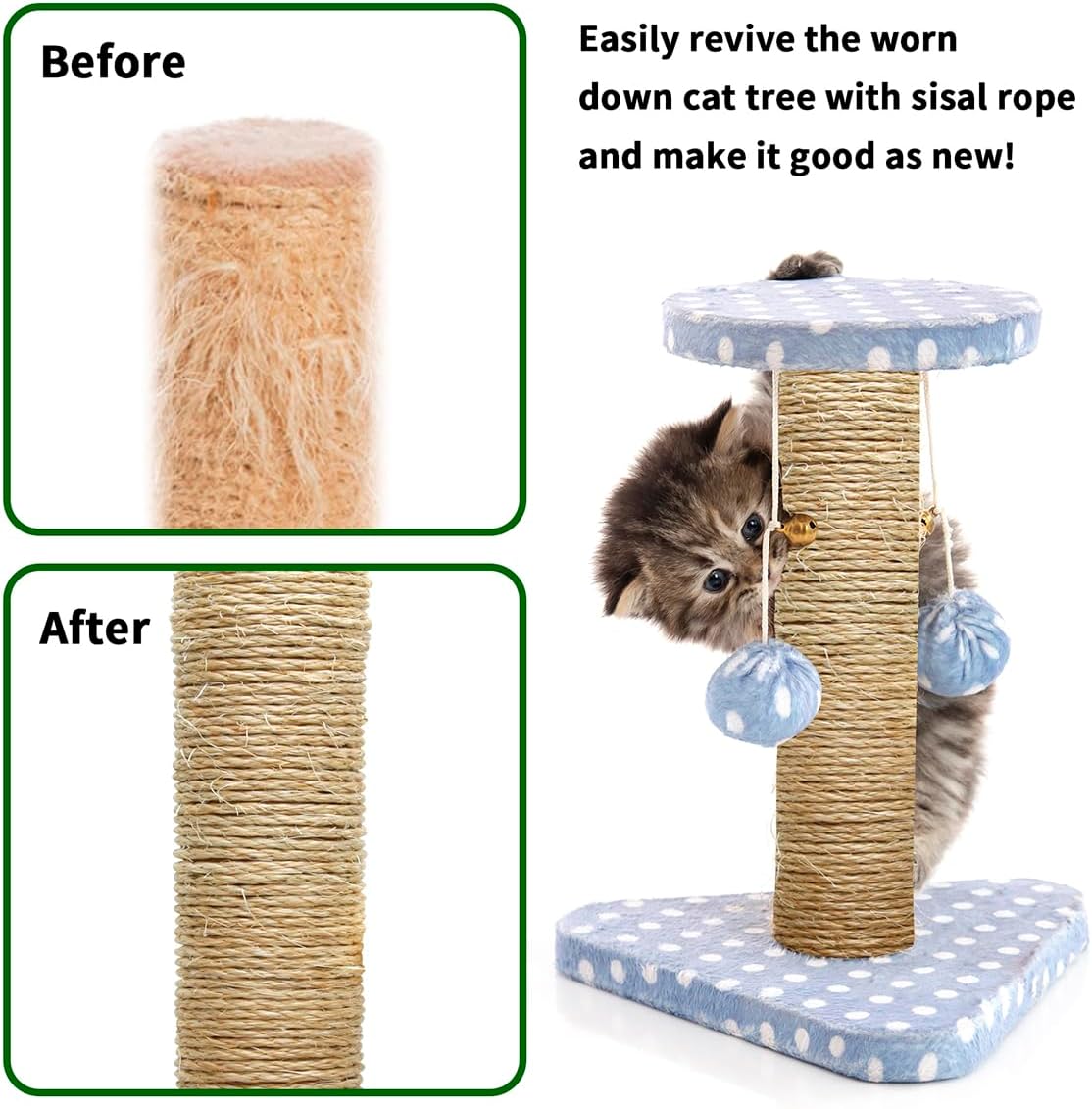 Cuerda de sisal para rascador de gatos, 532 pulgadas de diámetro, cuerda de 164 pies para rascador de gatos, piezas de repuesto de torre de árbol,
