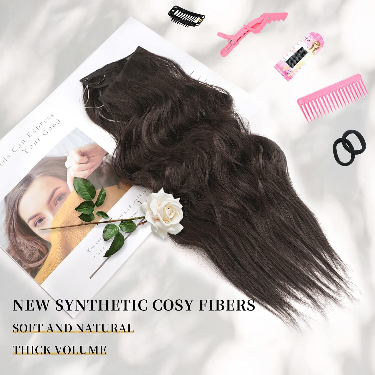 Extensiones de cabello sintético largo ondulado de 20 pulgadas con alambre transparente ajustable, con 4 clips seguros, para uso diario en fiestas