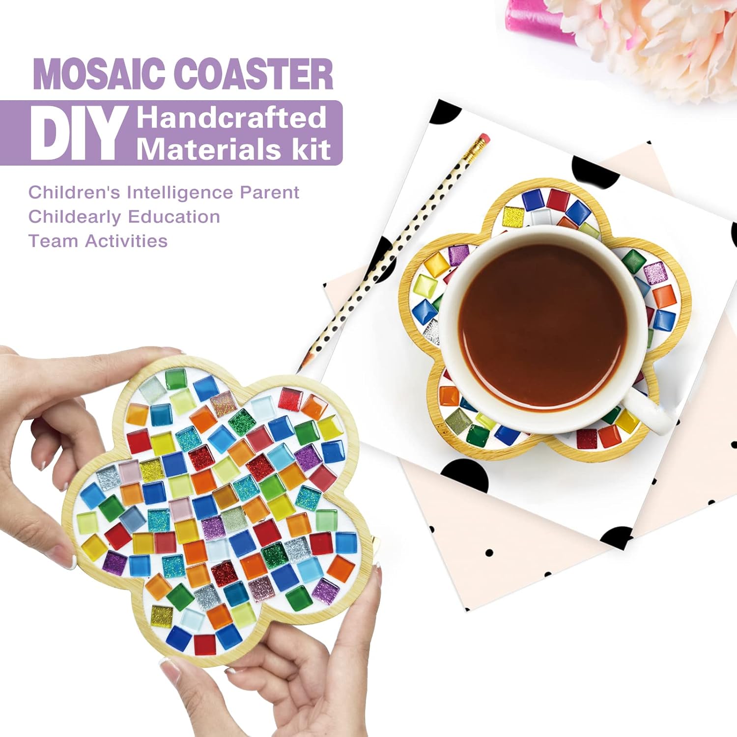 Glass Mosaic Tiles, Mosaic Kit with 6.1 inch Bamboo Coaster, Crafts for Adults Mixed Colors Mosaic Kit Mosaic Crafts Materials Package Mosaic